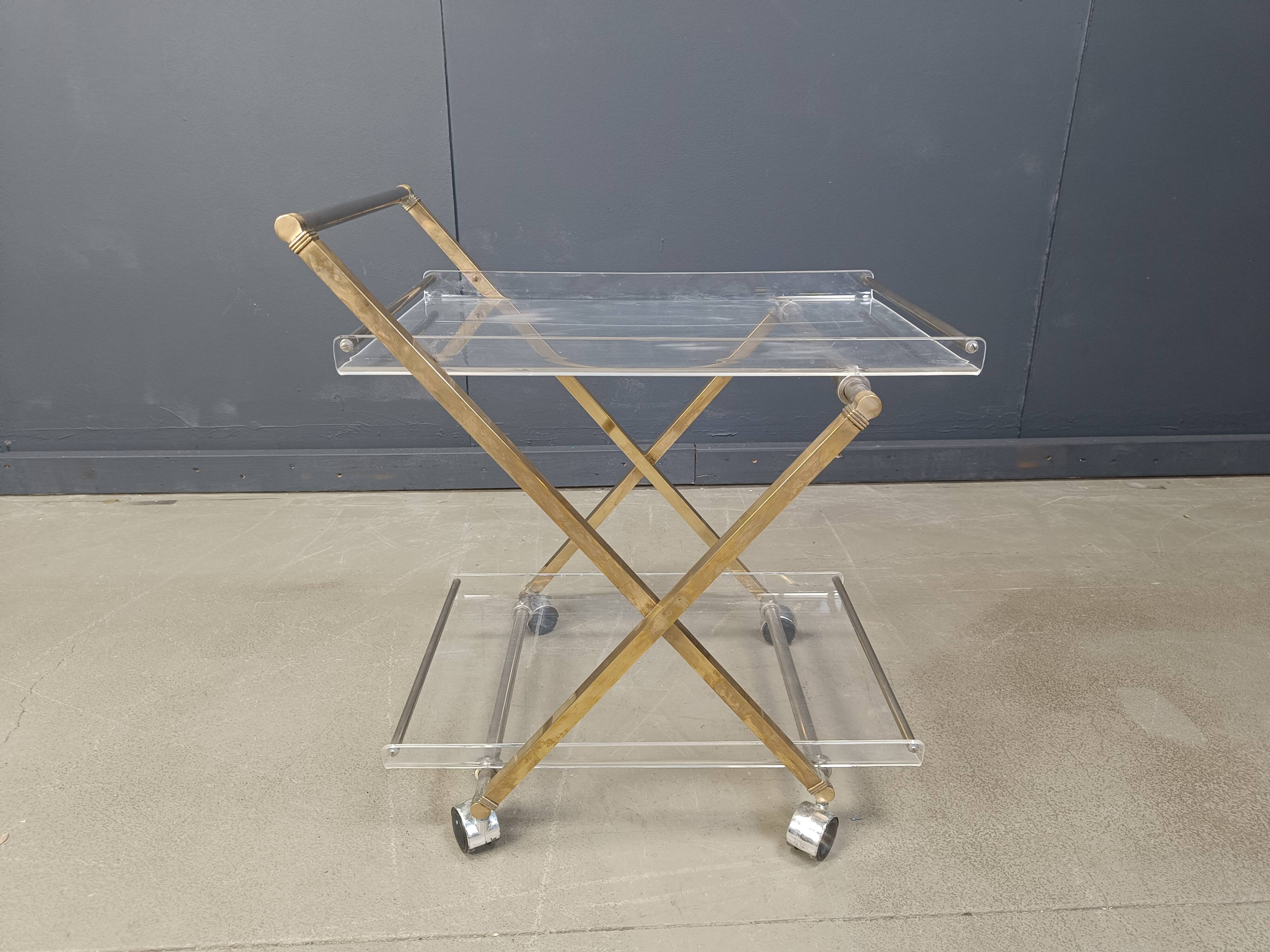Vintage lucite and brass trolley, 1970s