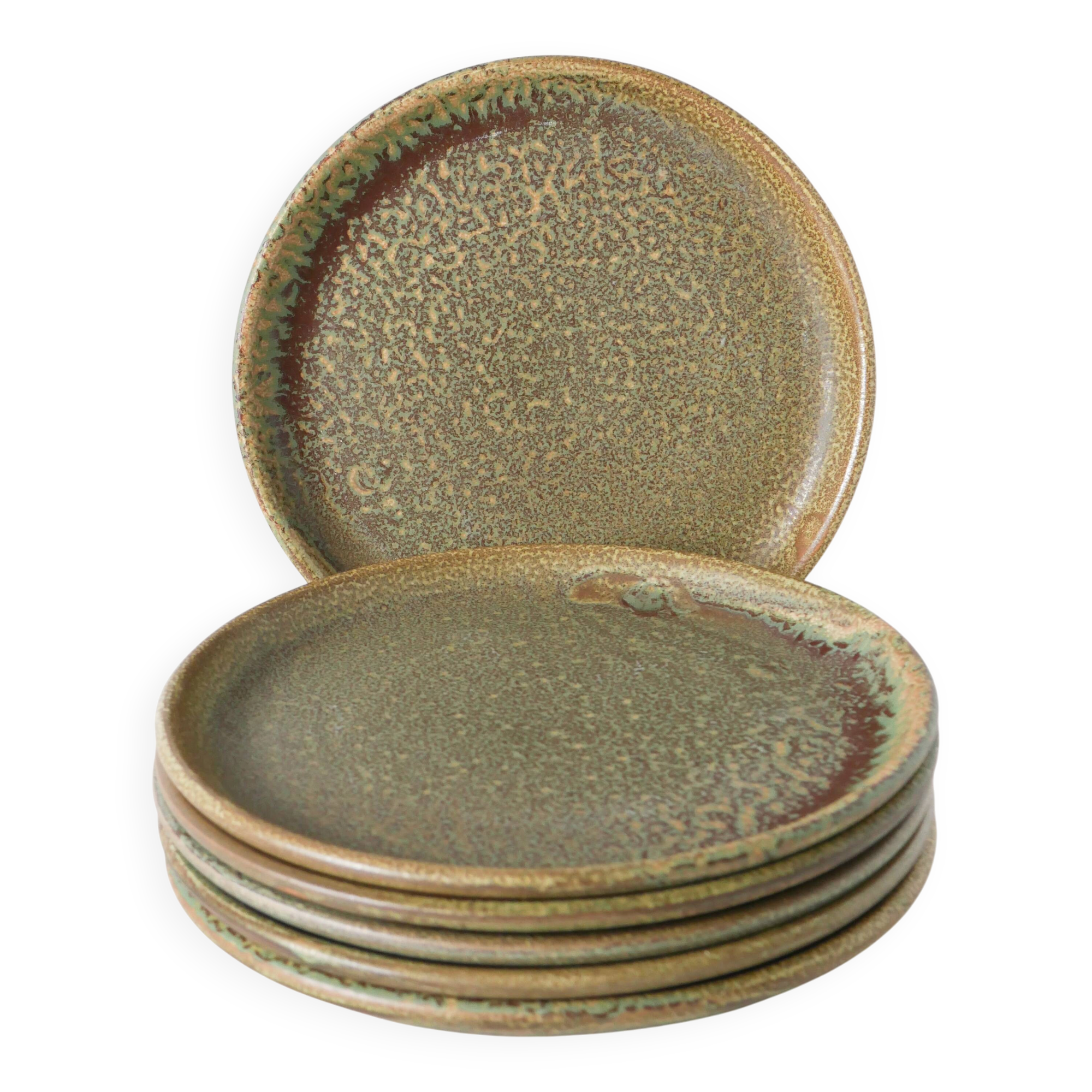 Lot de 6 assiettes plates en grès moucheté, Marron & Vert, Fabrication Arti