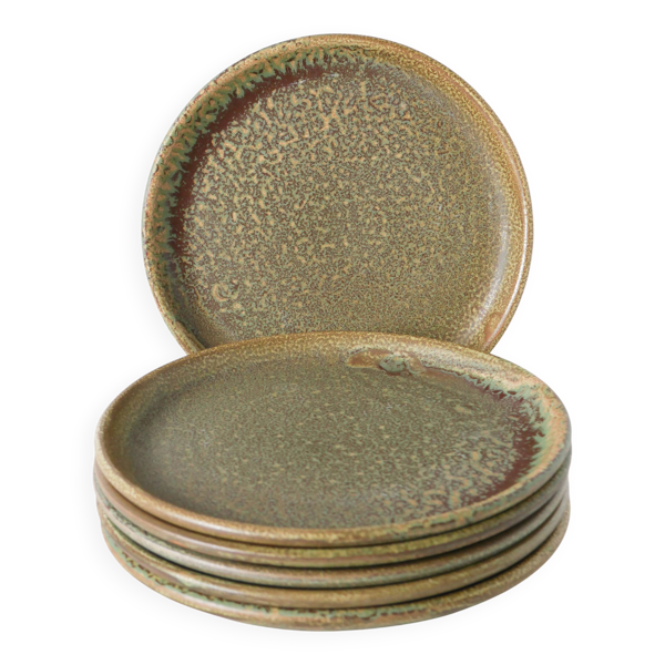 Lot de 6 assiettes plates en grès moucheté, Marron & Vert, Fabrication Arti