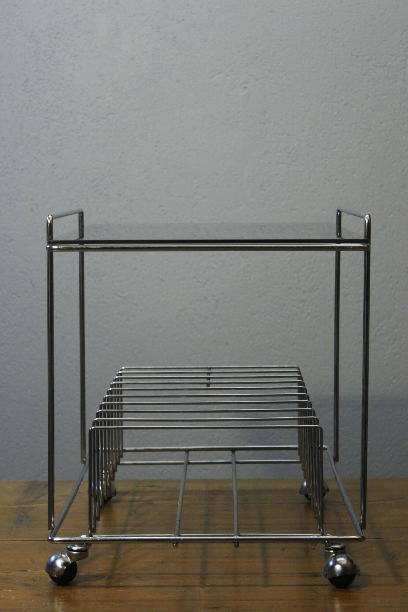Rolling furniture serving for HIFI vinyl storage chrome & smoked glass 1970s