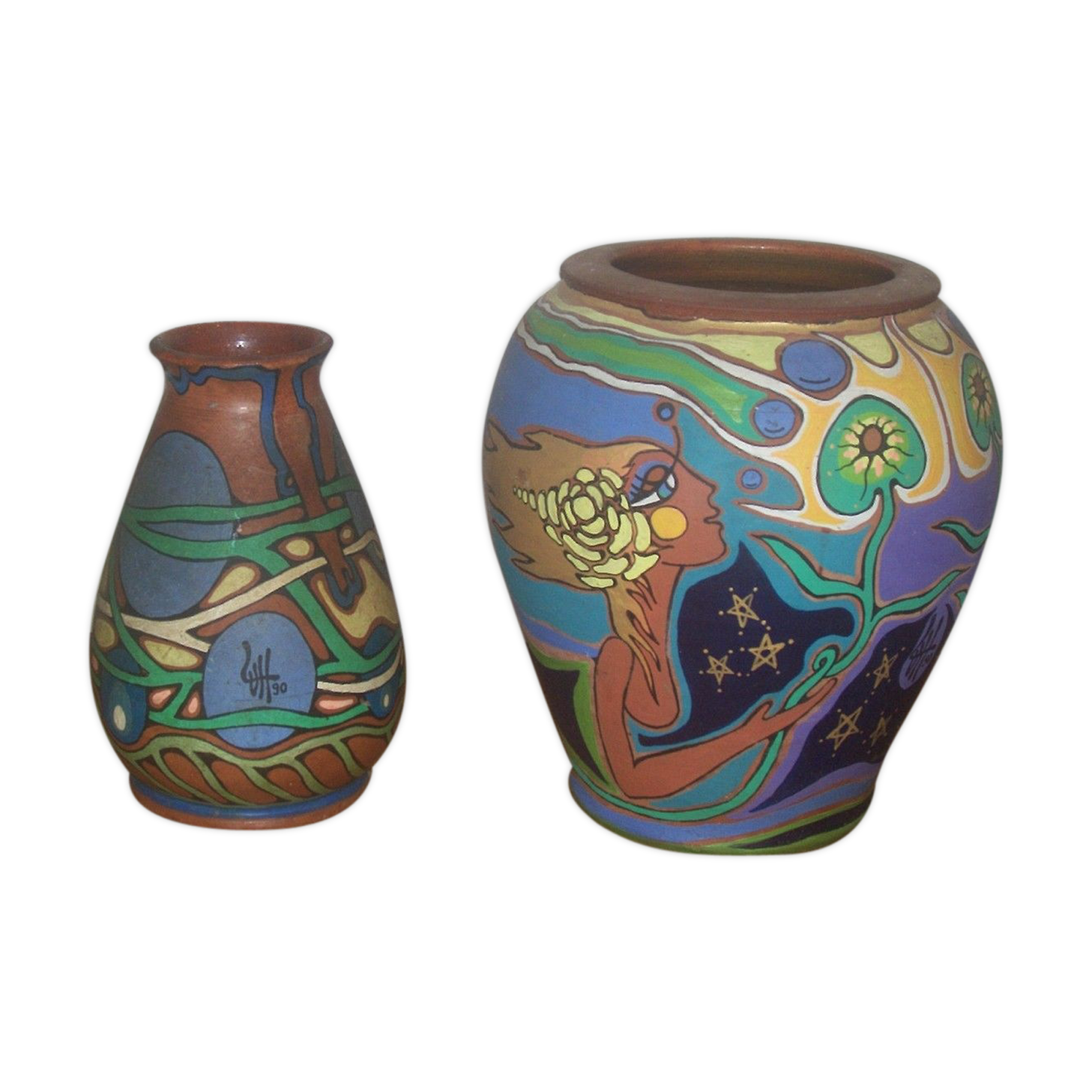 Two Belgium country vases low unique pieces signed