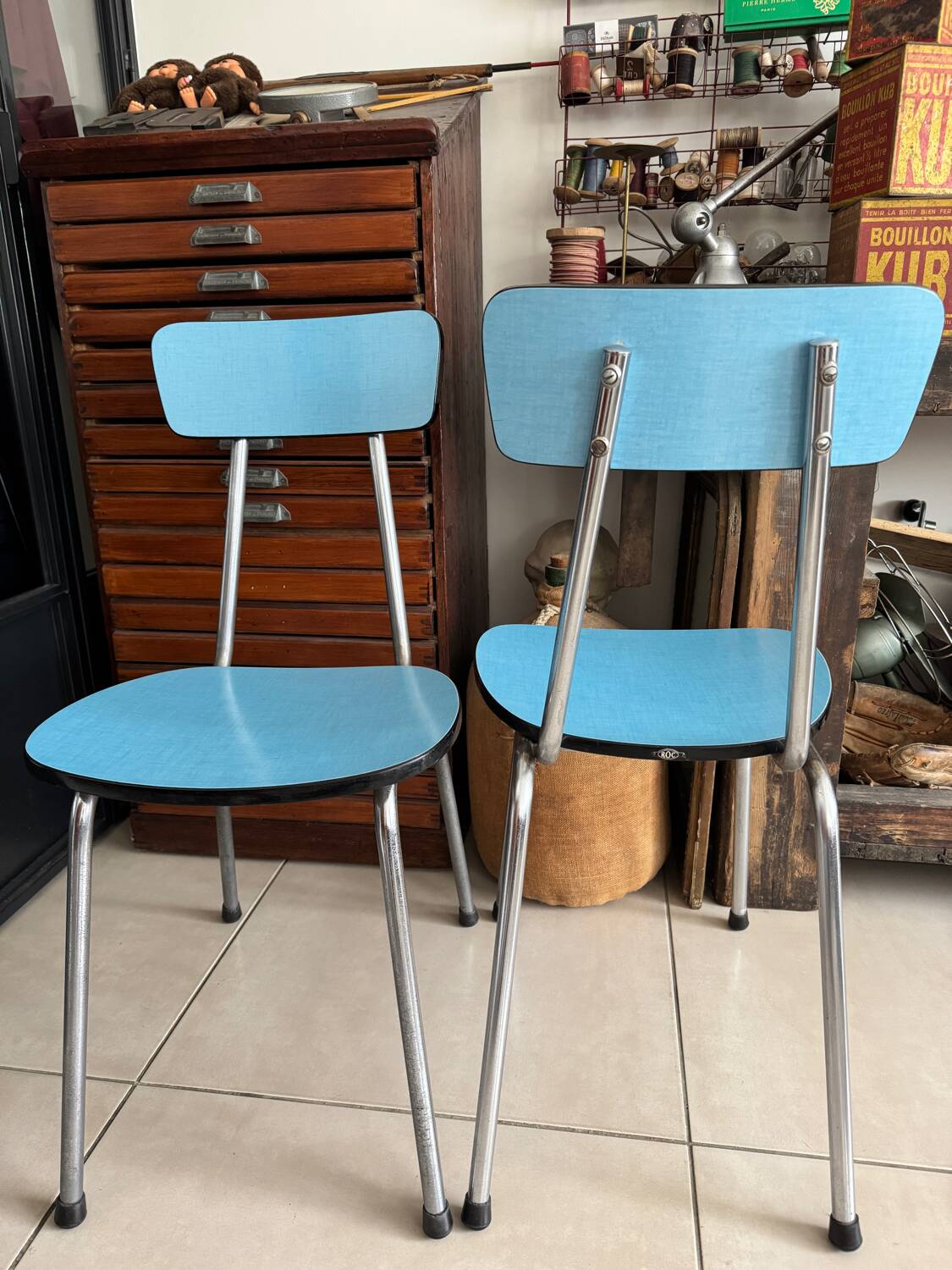 Pair of vintage blue Formica chairs