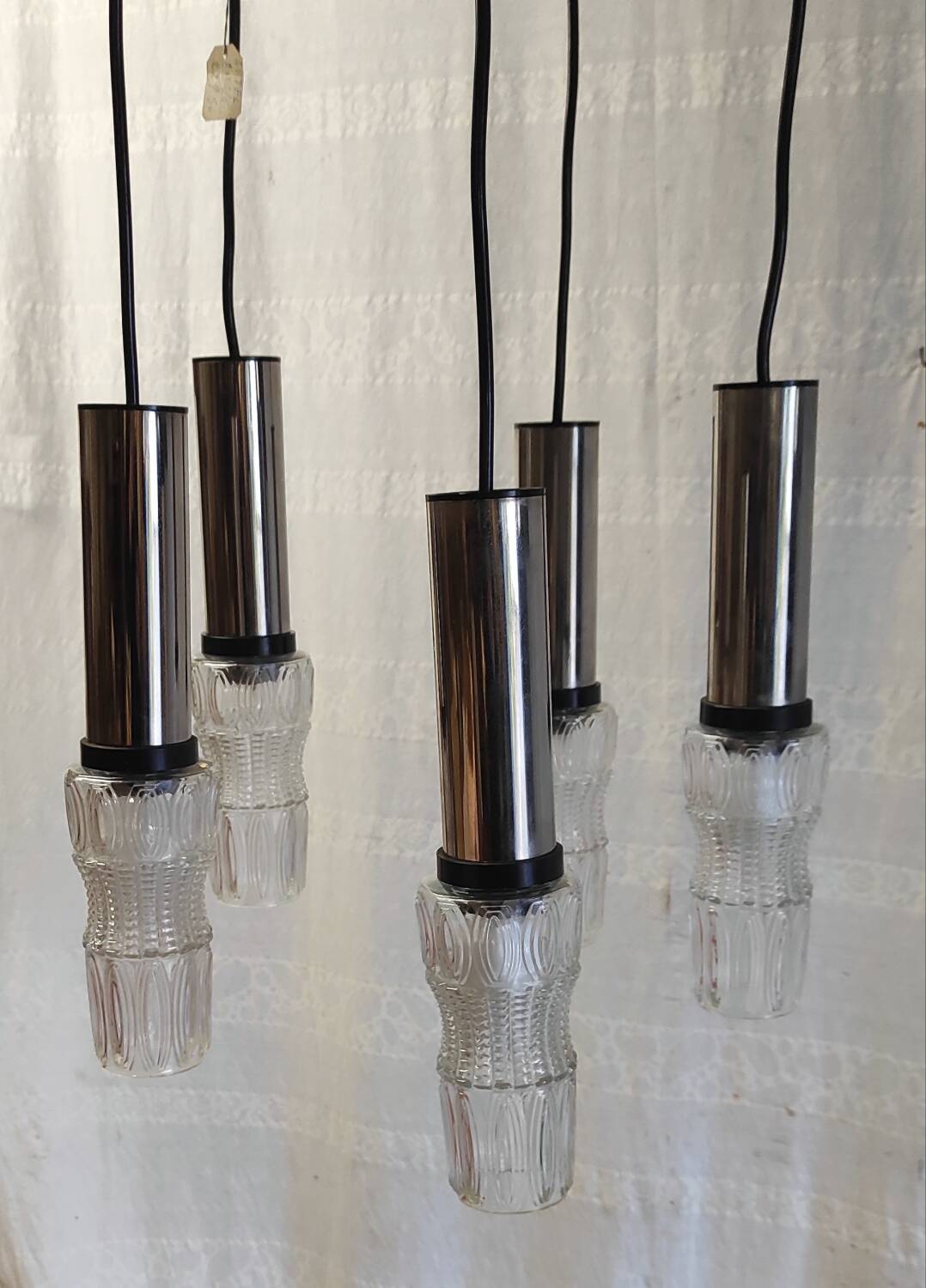 5-light chrome metal and molded glass pendant light - 70's