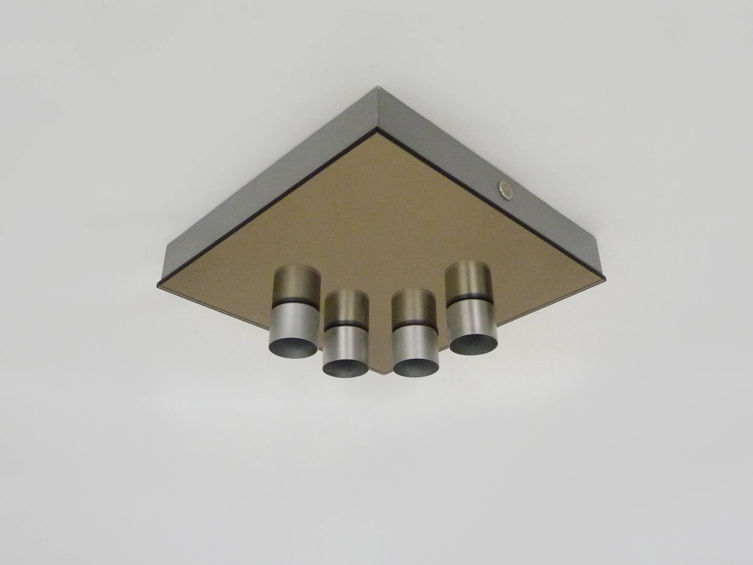 Vintage smoked mirror ceiling light with 4 bulbs, stainless steel structure and mirror.