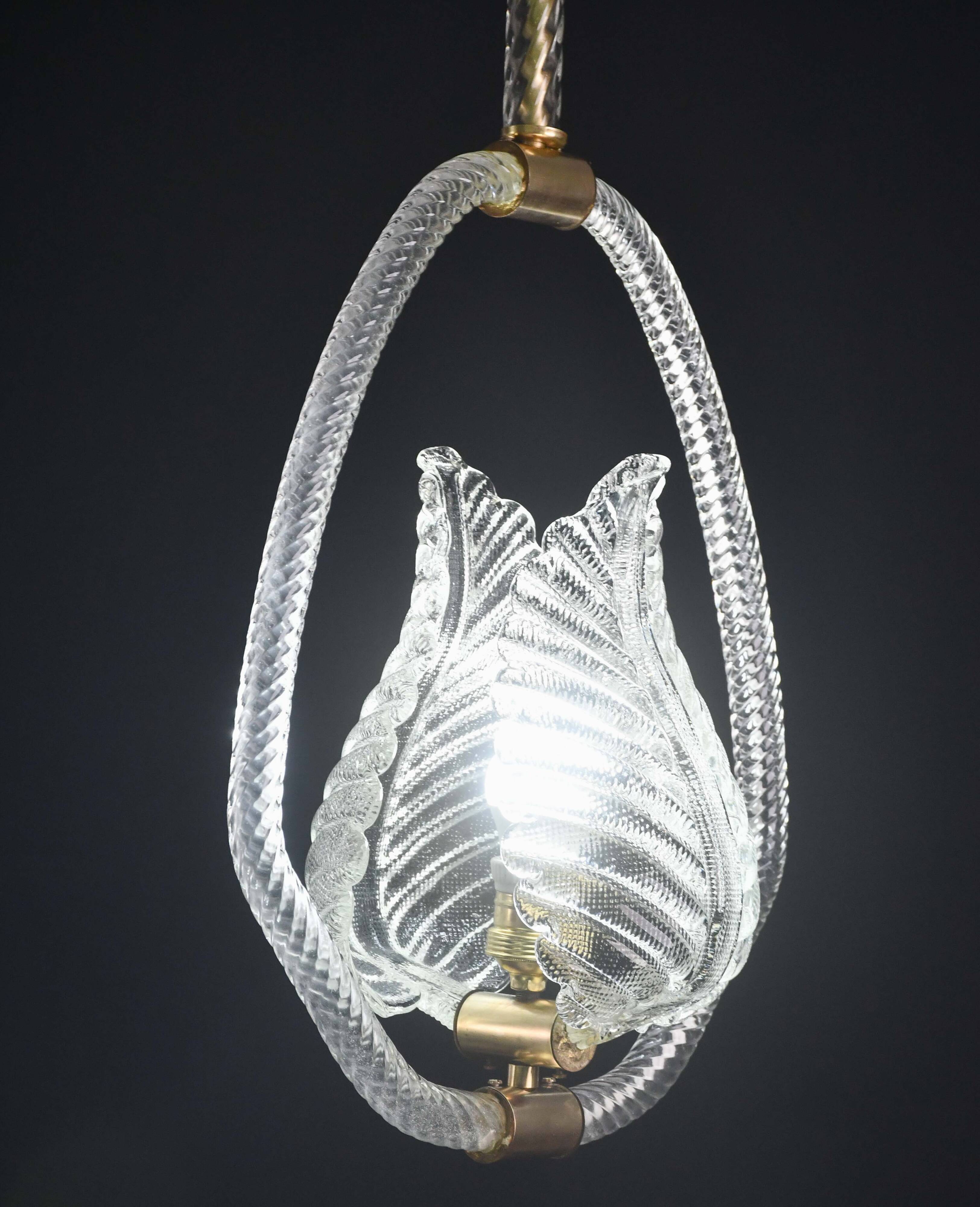 Charming Transparent Art Decò Barovier e Toso Pendant Light Murano Glass, 1940s