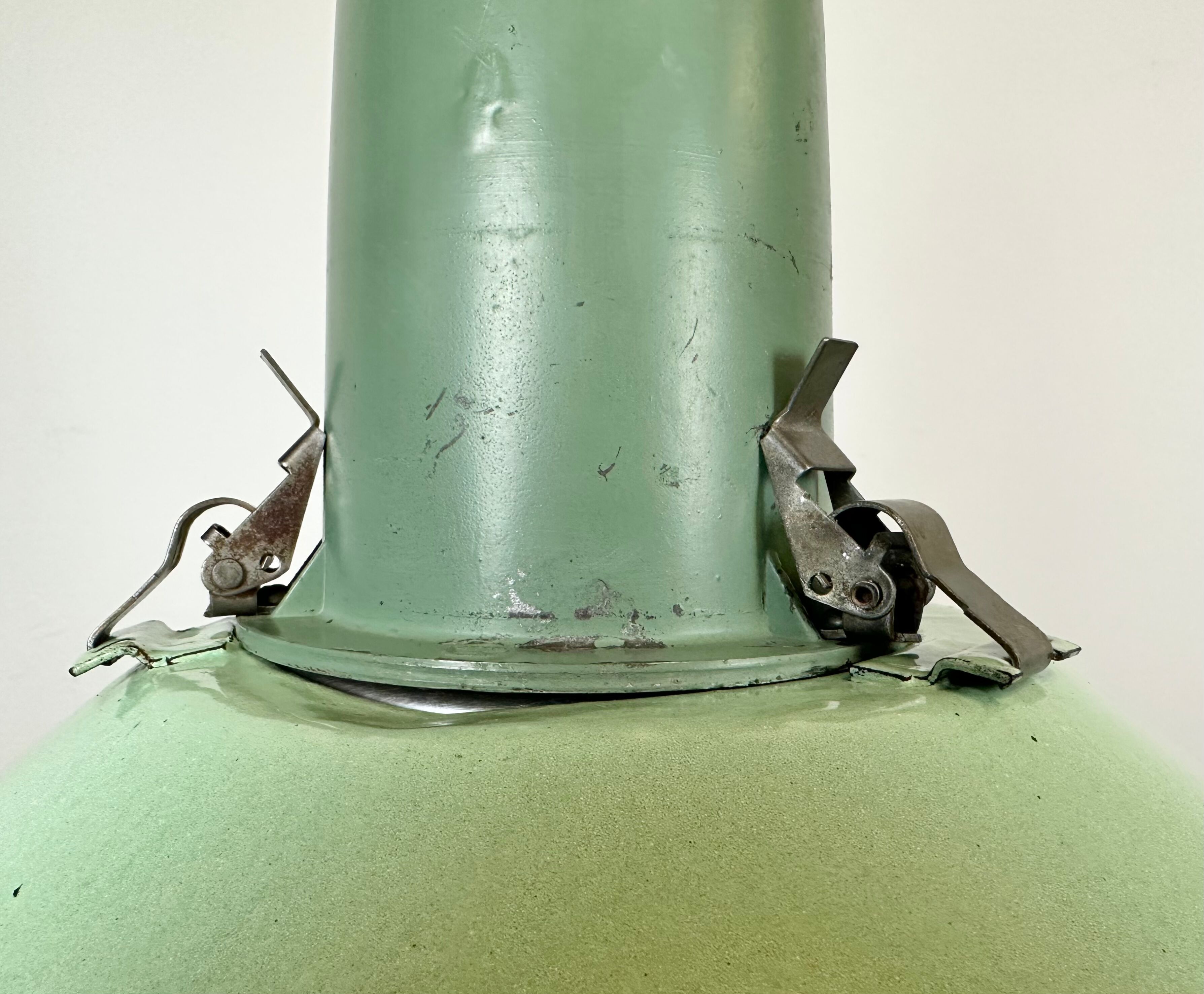 Industrial soviet green enamel pendant light with glass cover, 1960s