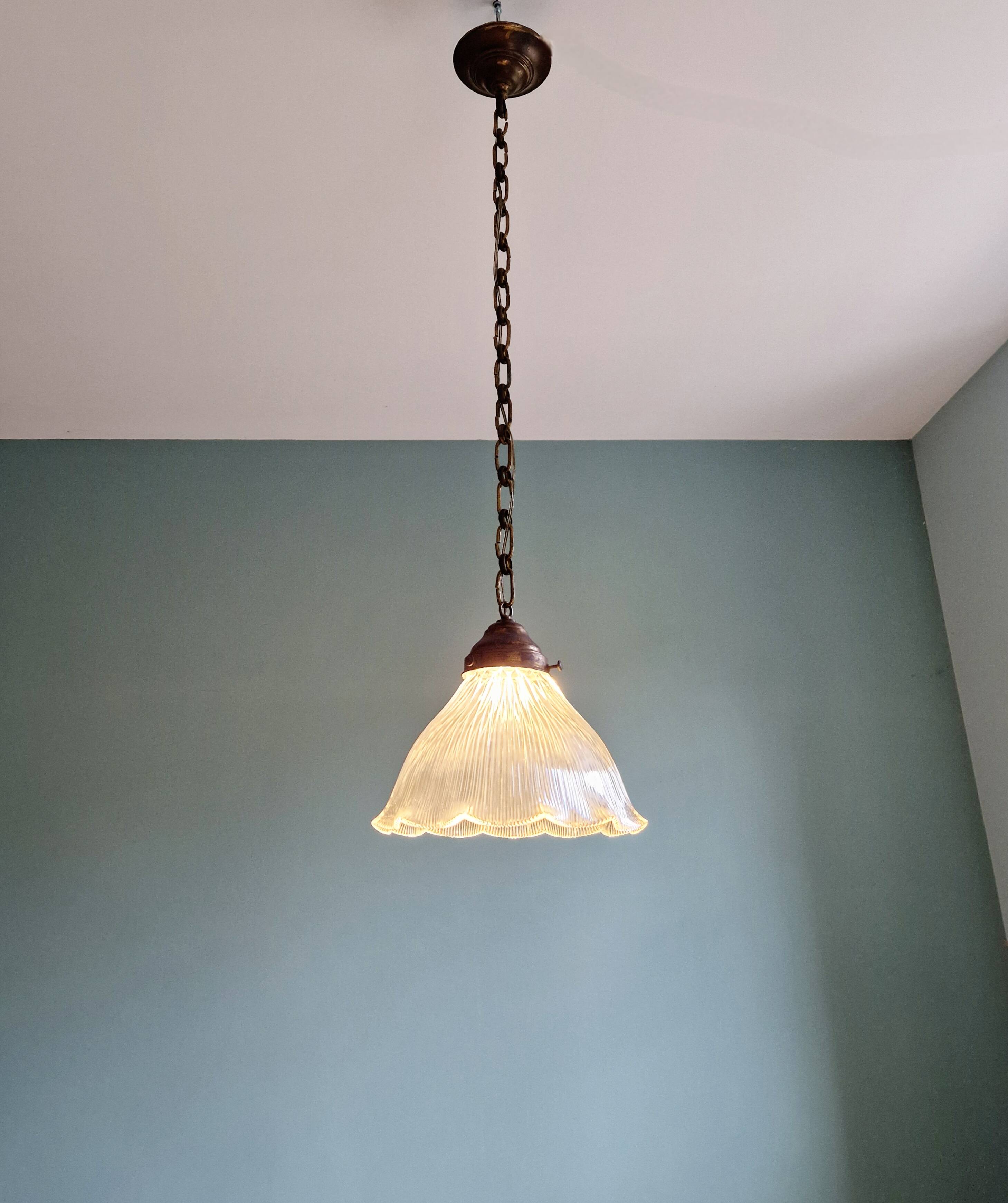 Large Holophane pendant light in transparent grooved glass