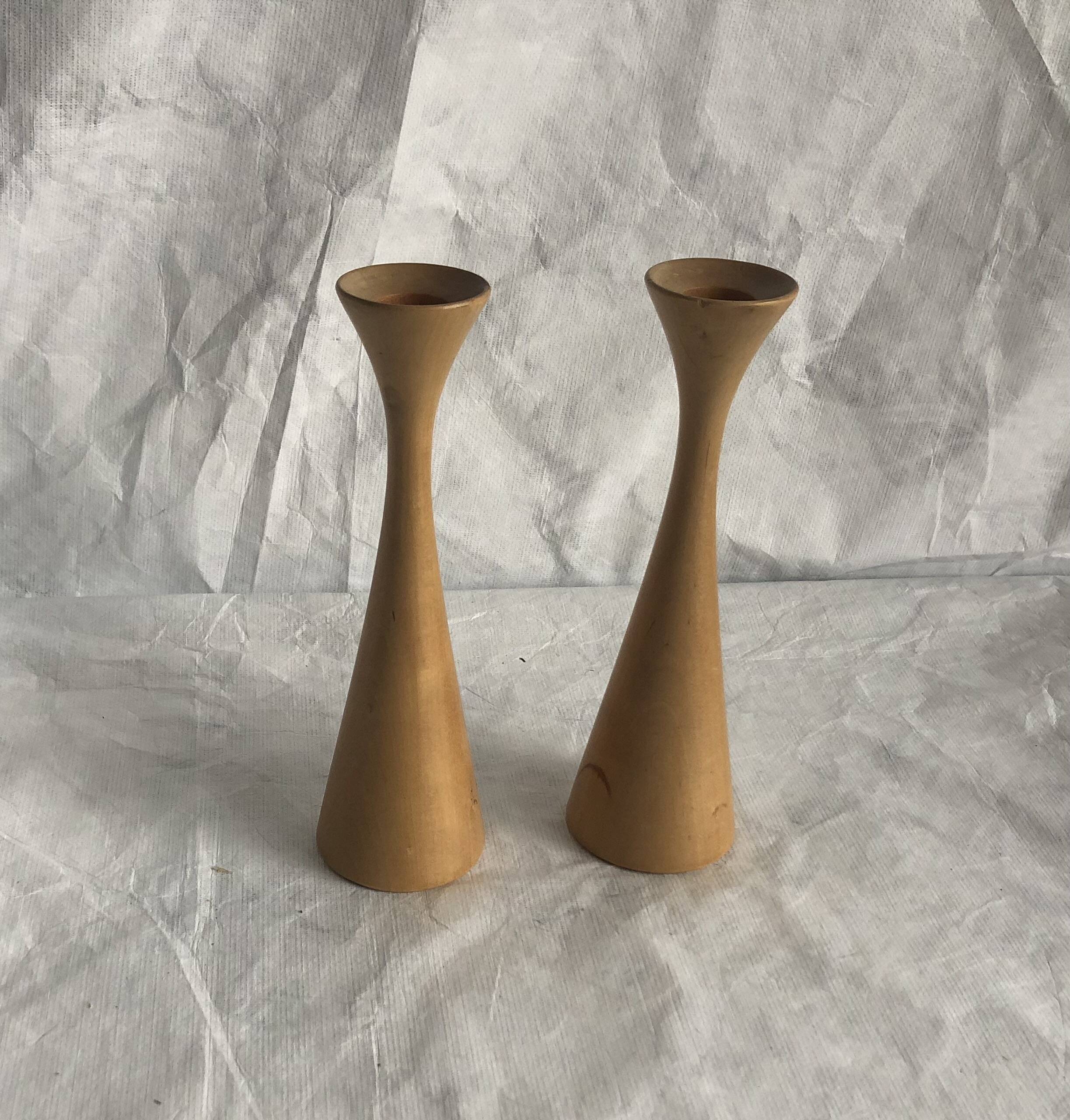 Pair of vintage birch wood candlesticks, Scandinavian design