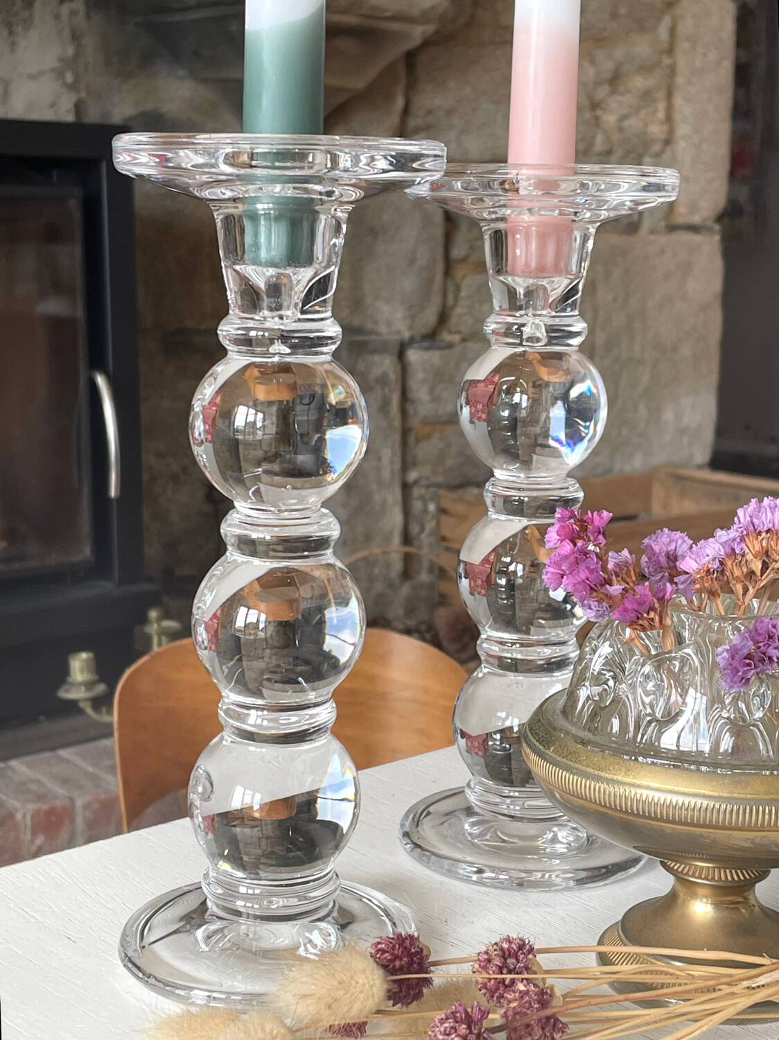 Pair of glass candle holders