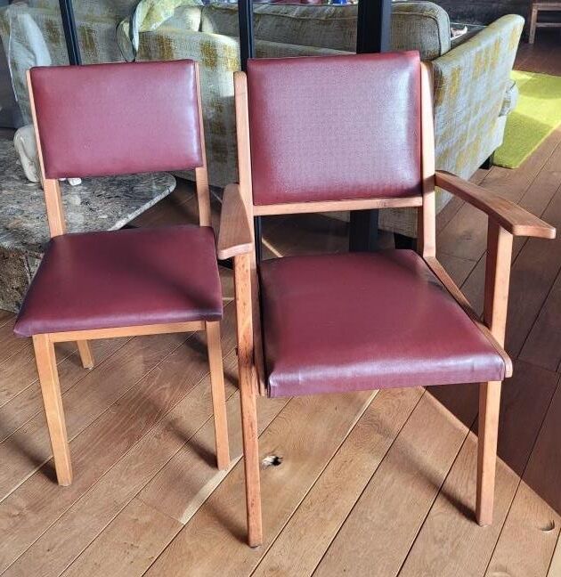 Pair chair/armchair wood and burgundy skaï, 50s
