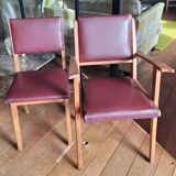 Pair chair/armchair wood and burgundy skaï, 50s