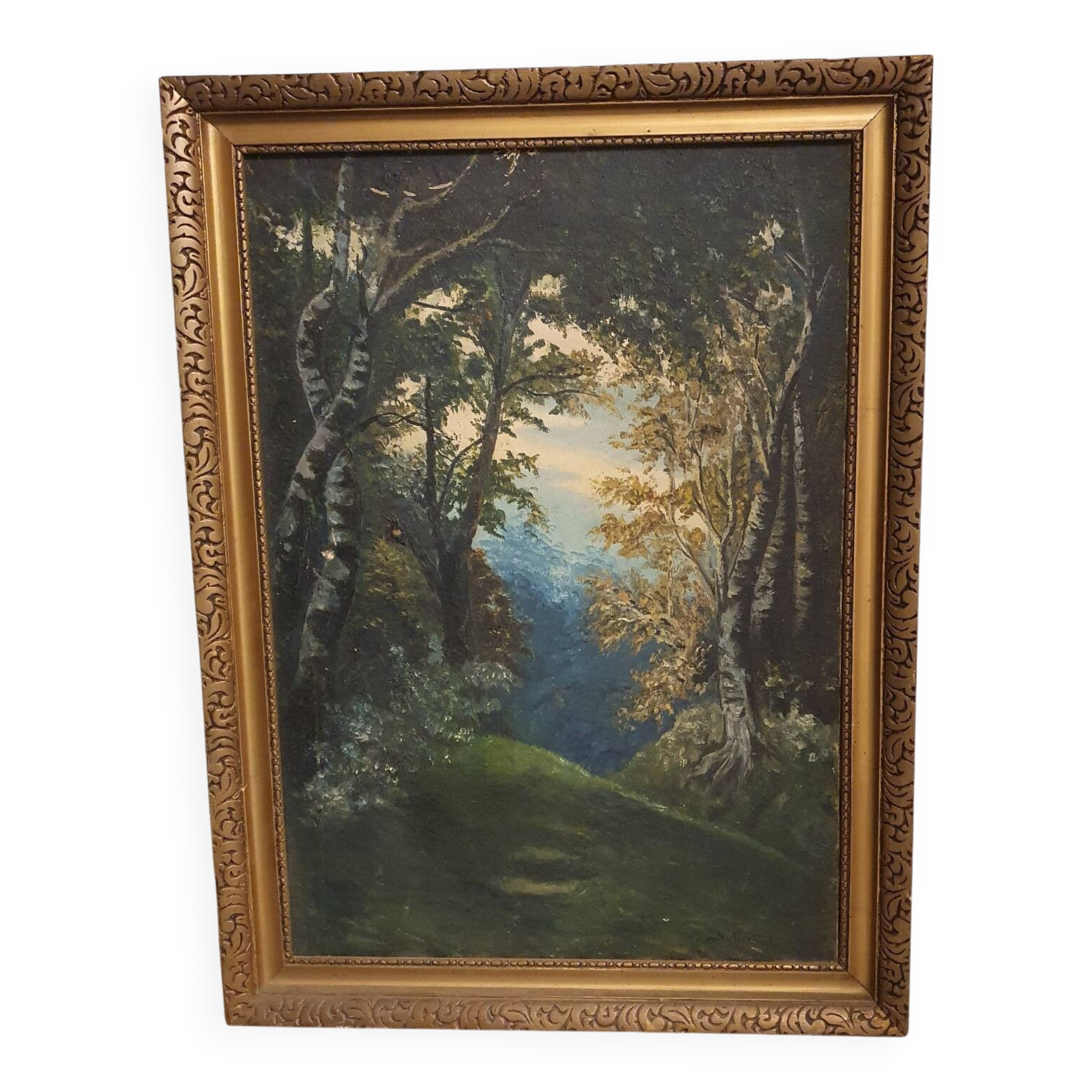 Oil on canvas landscape with birch trees, signed M. Fekete J.