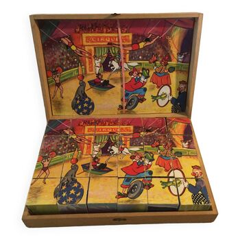 Old game of 24 wooden puzzle cubes from the 1950s
