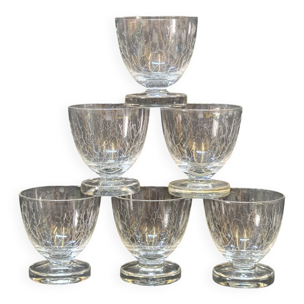 6 Verres A Liqueur / Digestif En Cristal Gravé Craquelé Craquelures