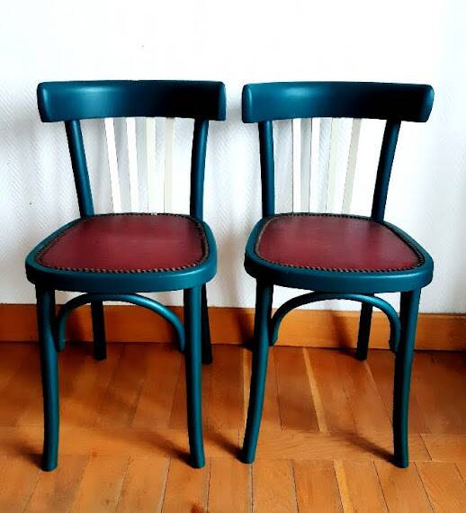 Pair of vintage emerald green bistro wooden chairs