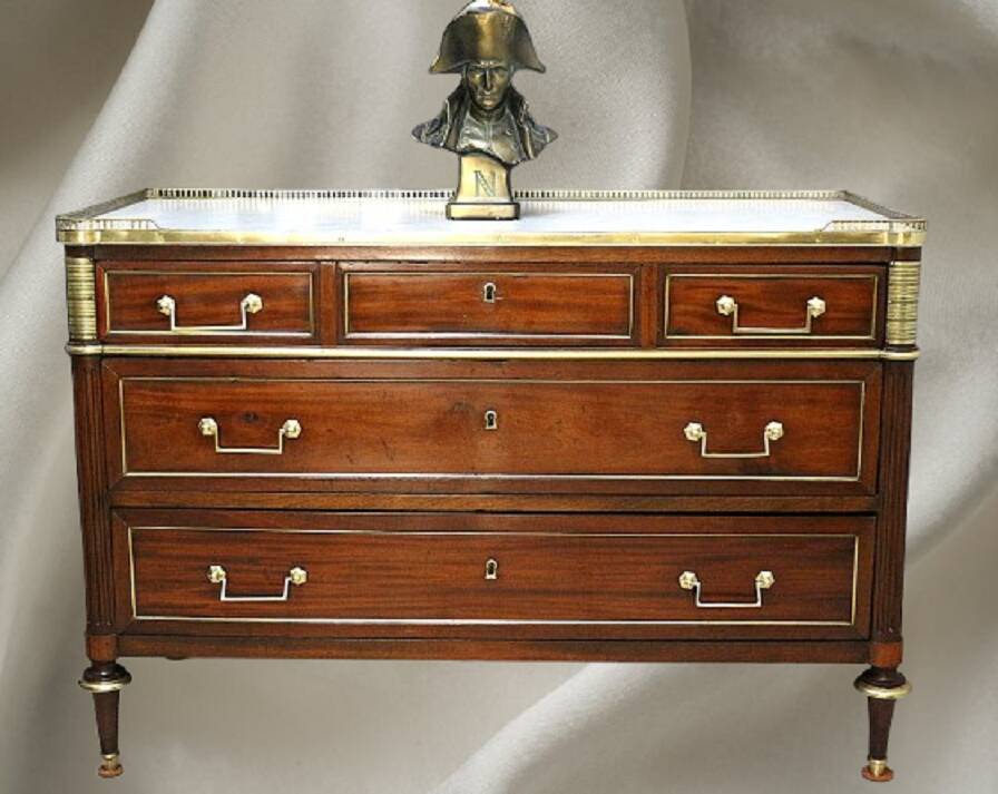 Louis XVI Officer's Chest of Drawers, 19th (19th) Century, Mahogany & Marble