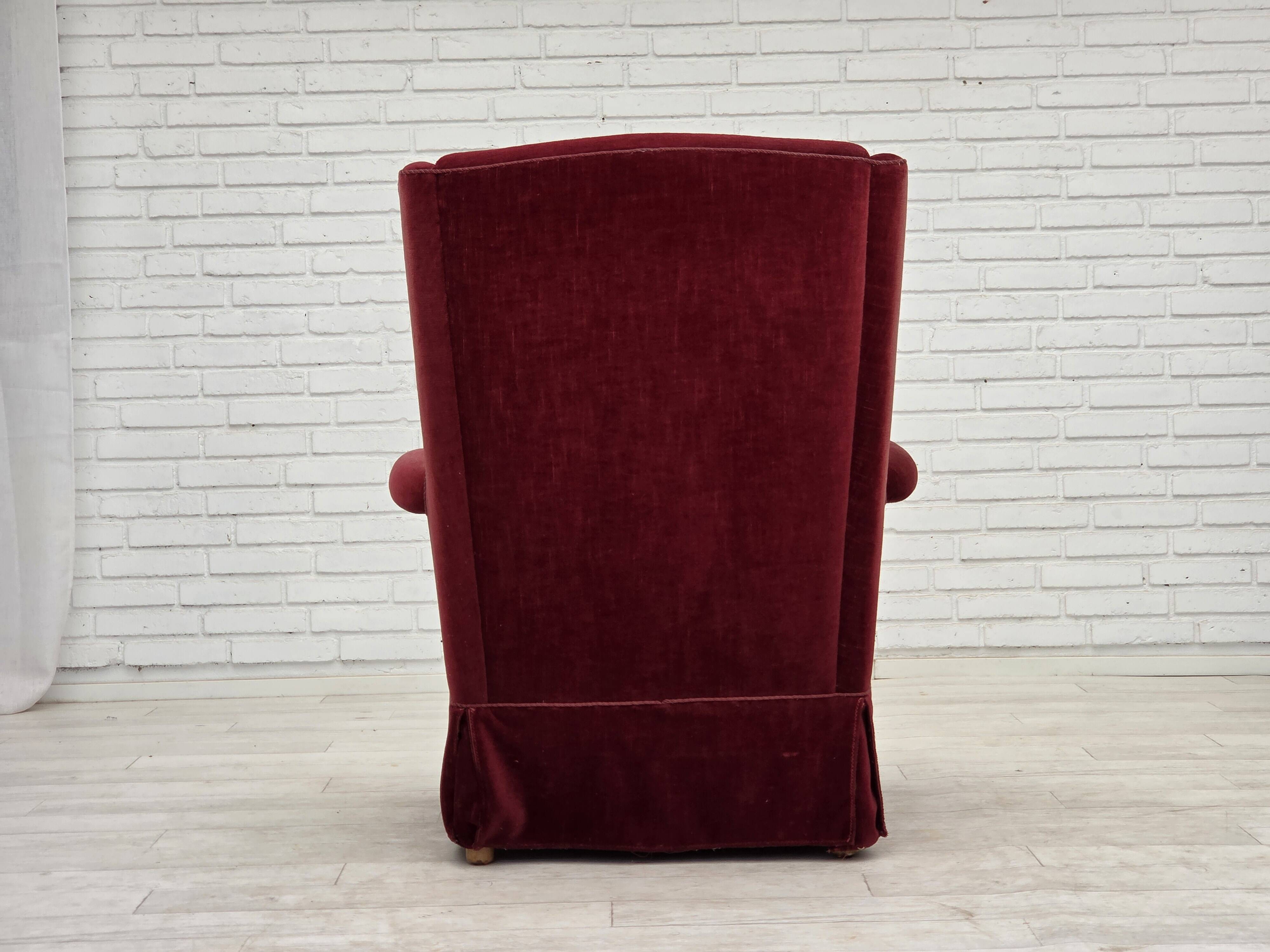 1970s, Danish highback chair, cherry-red furniture velour, ash wood legs.