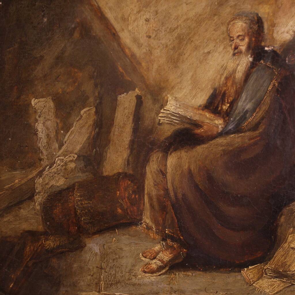 Antique painting on panel depicting Hermit from the 18th century