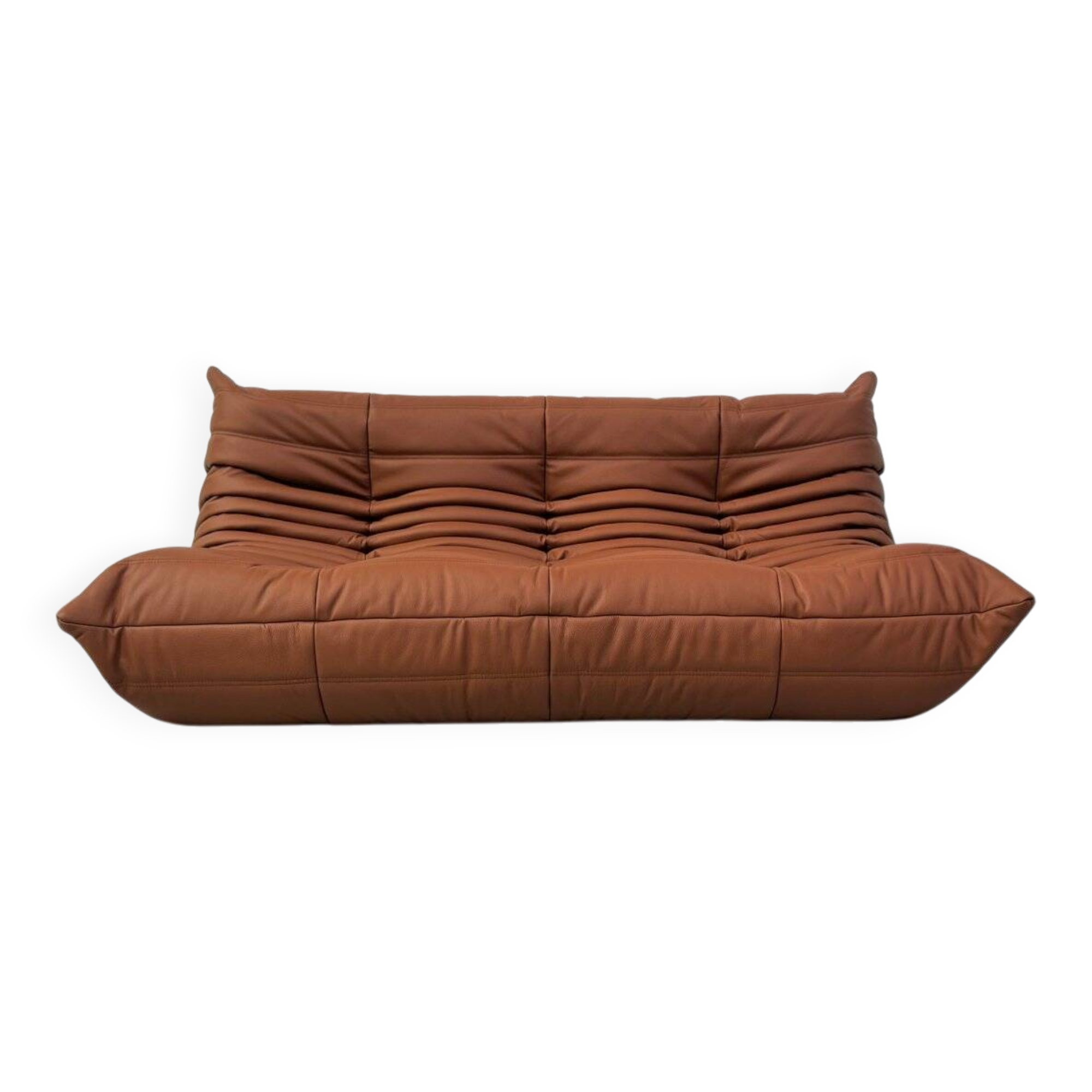 Canapé Togo français en cuir de vachette épais couleur cognac, signé Michel Ducaroy pour Ligne Roset