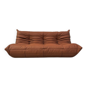 French Togo sofa in thick cognac cow leather by Michel Ducaroy for Ligne Roset