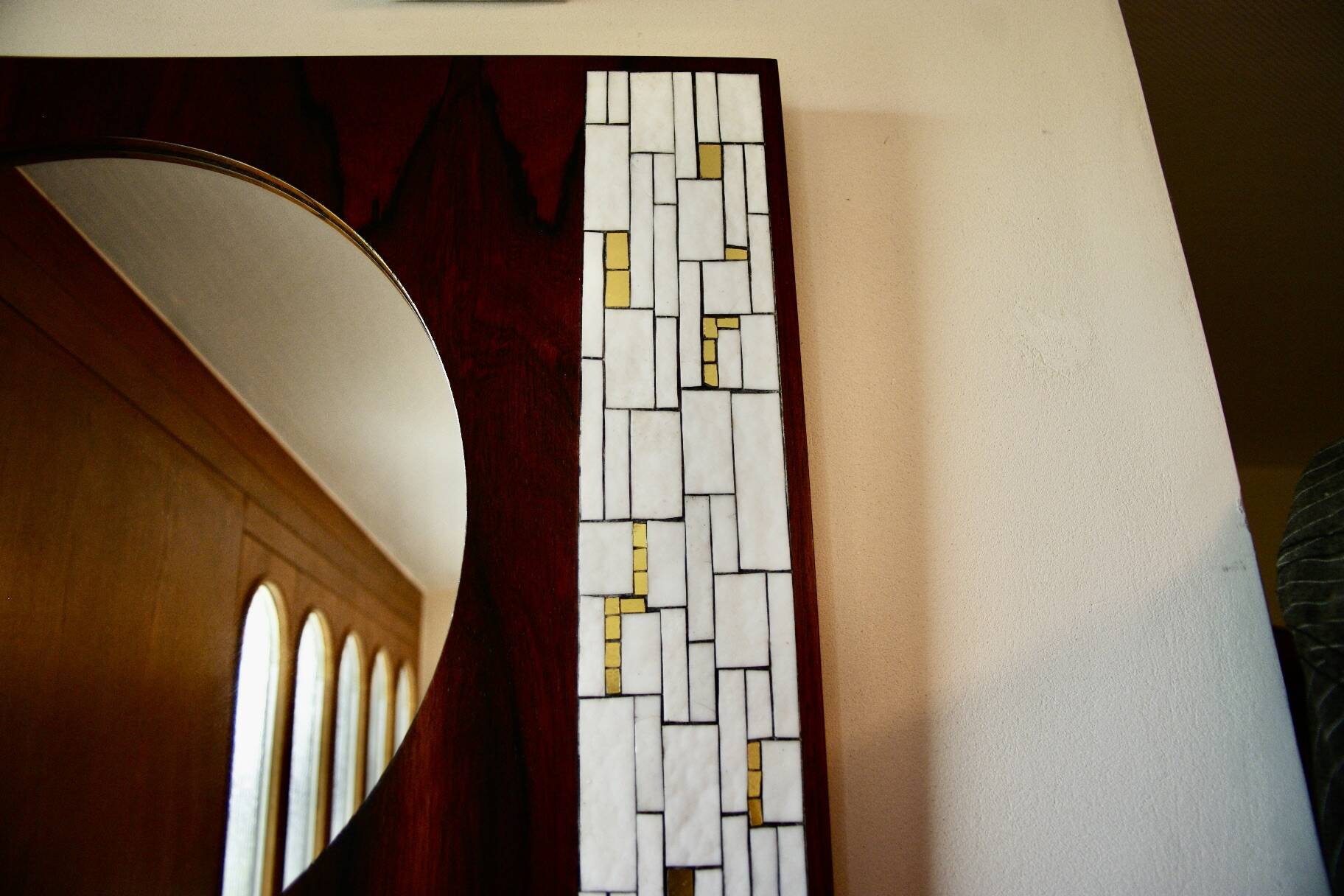 Vintage rosewood and ceramic mirror by berthold muller 1950