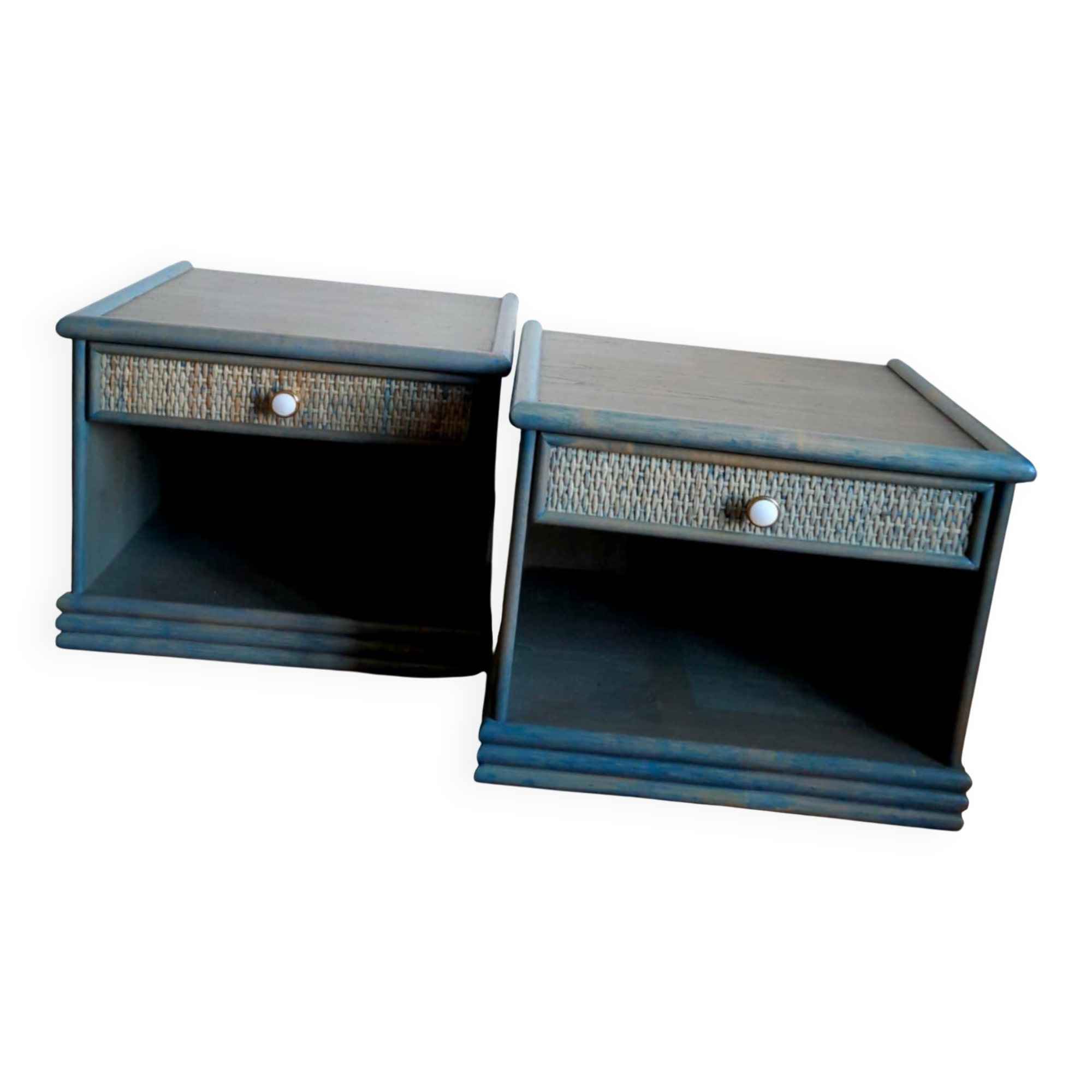 Pair of vintage Maugrion style rattan bedside tables.