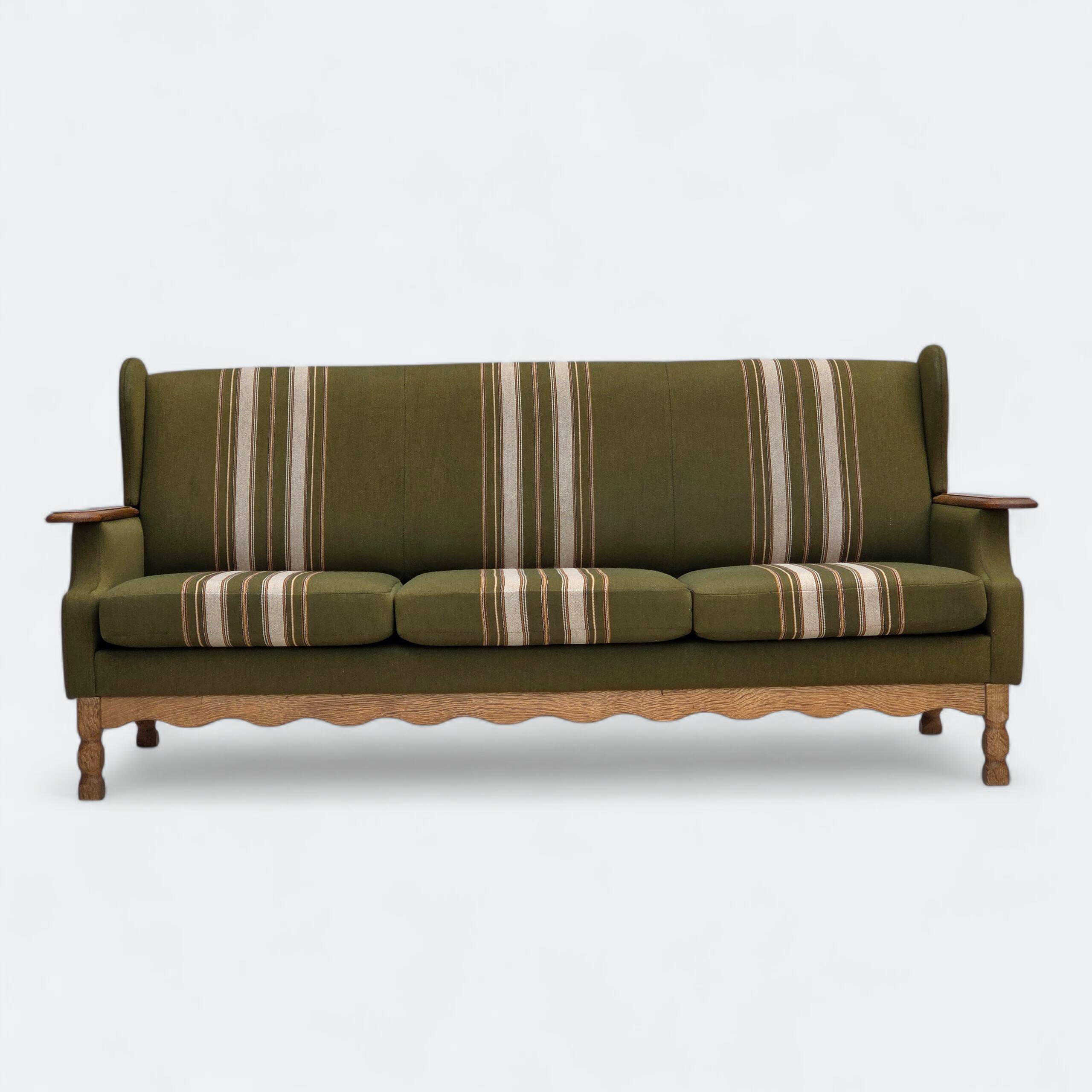 1970s, Danish 3-seater sofa, furniture wool, solid oak wood.