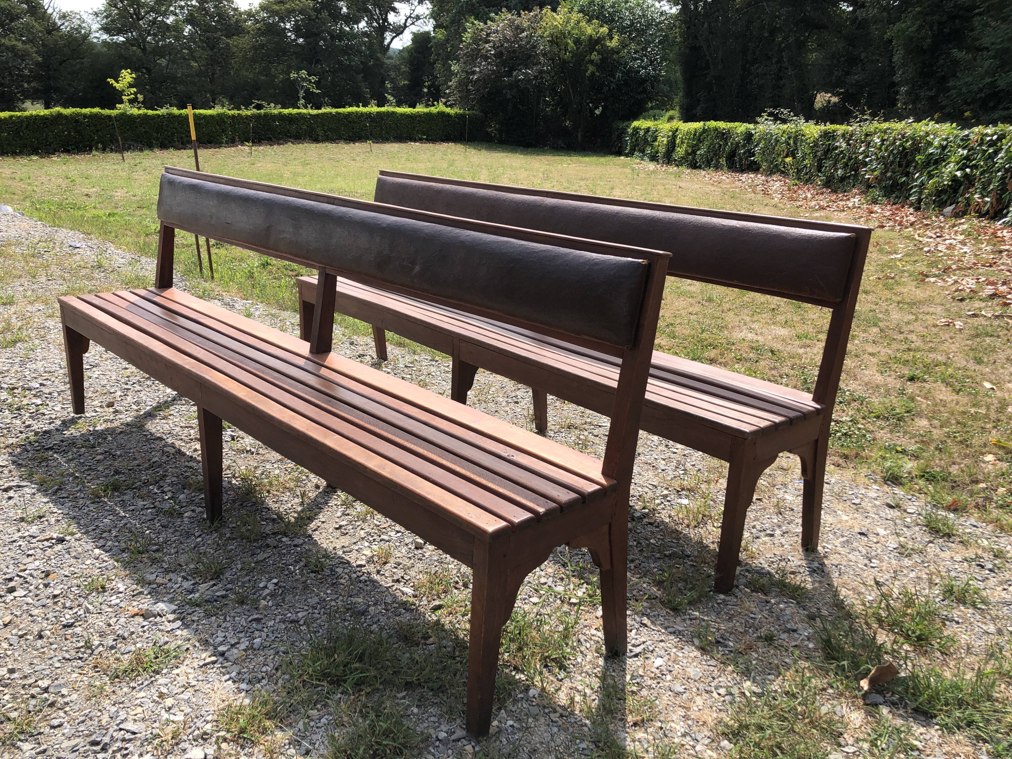 Duo of vintage church benches in solid beech
