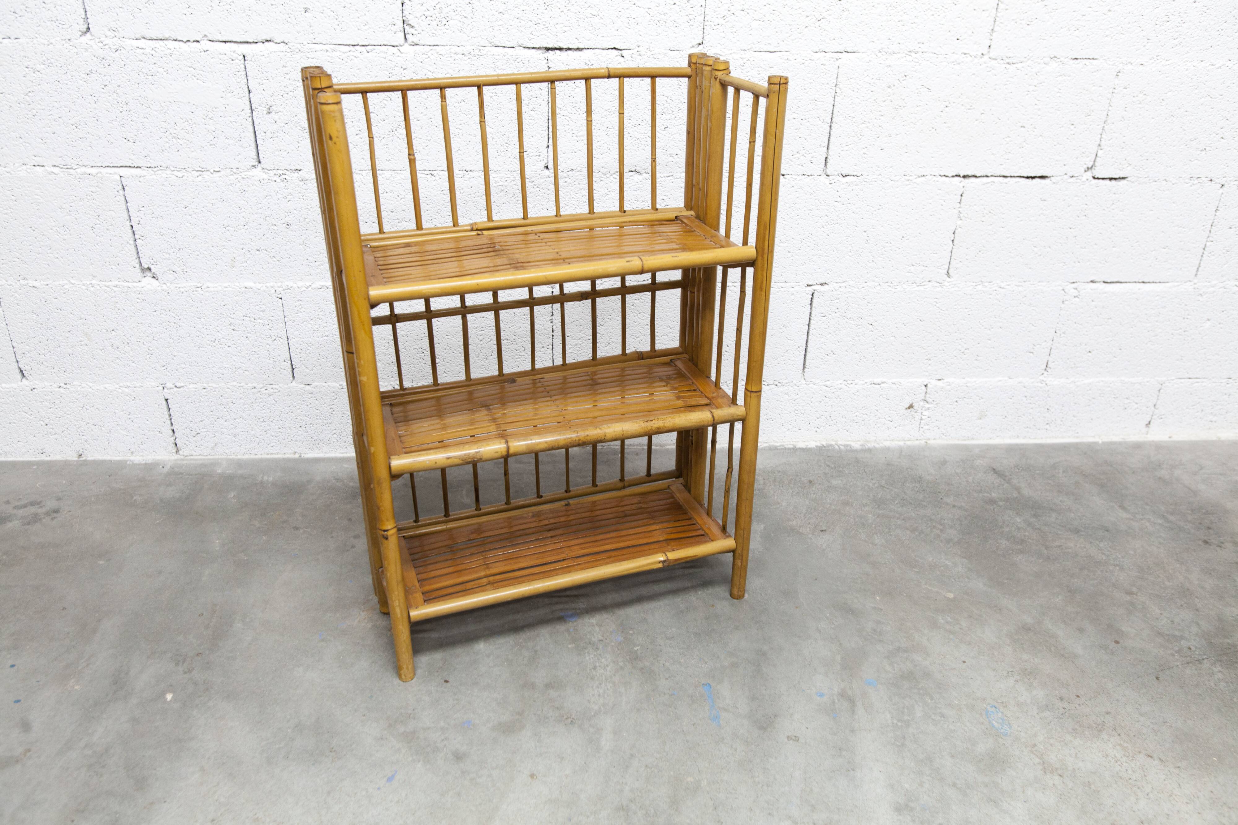 1970s honey-colored folding bamboo shelf