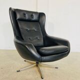 Vintage Danish mid-century black leather swivel chair, 1970s