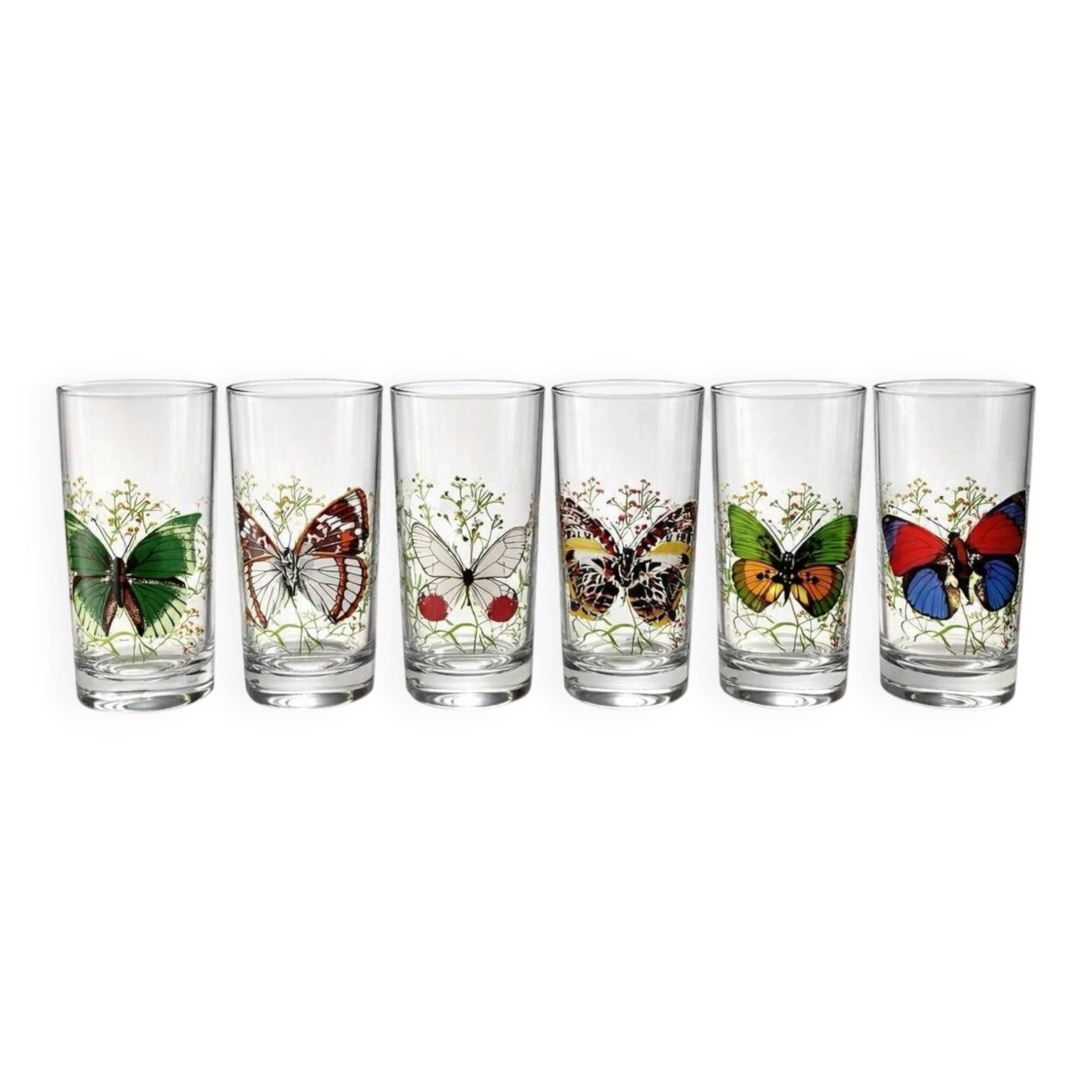 Set of 6 vintage glasses with butterfly decoration – 70s/80s