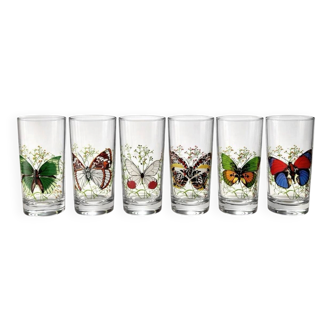 Set of 6 vintage glasses with butterfly decoration – 70s/80s