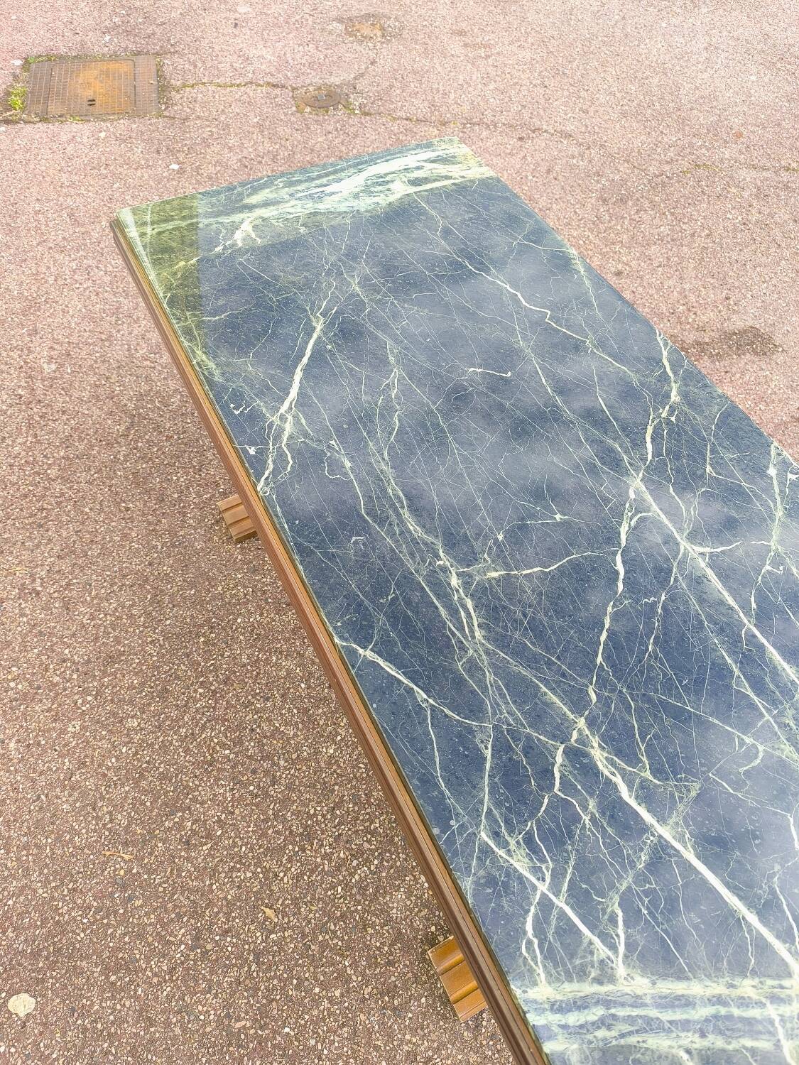 Wood and green marble coffee table
