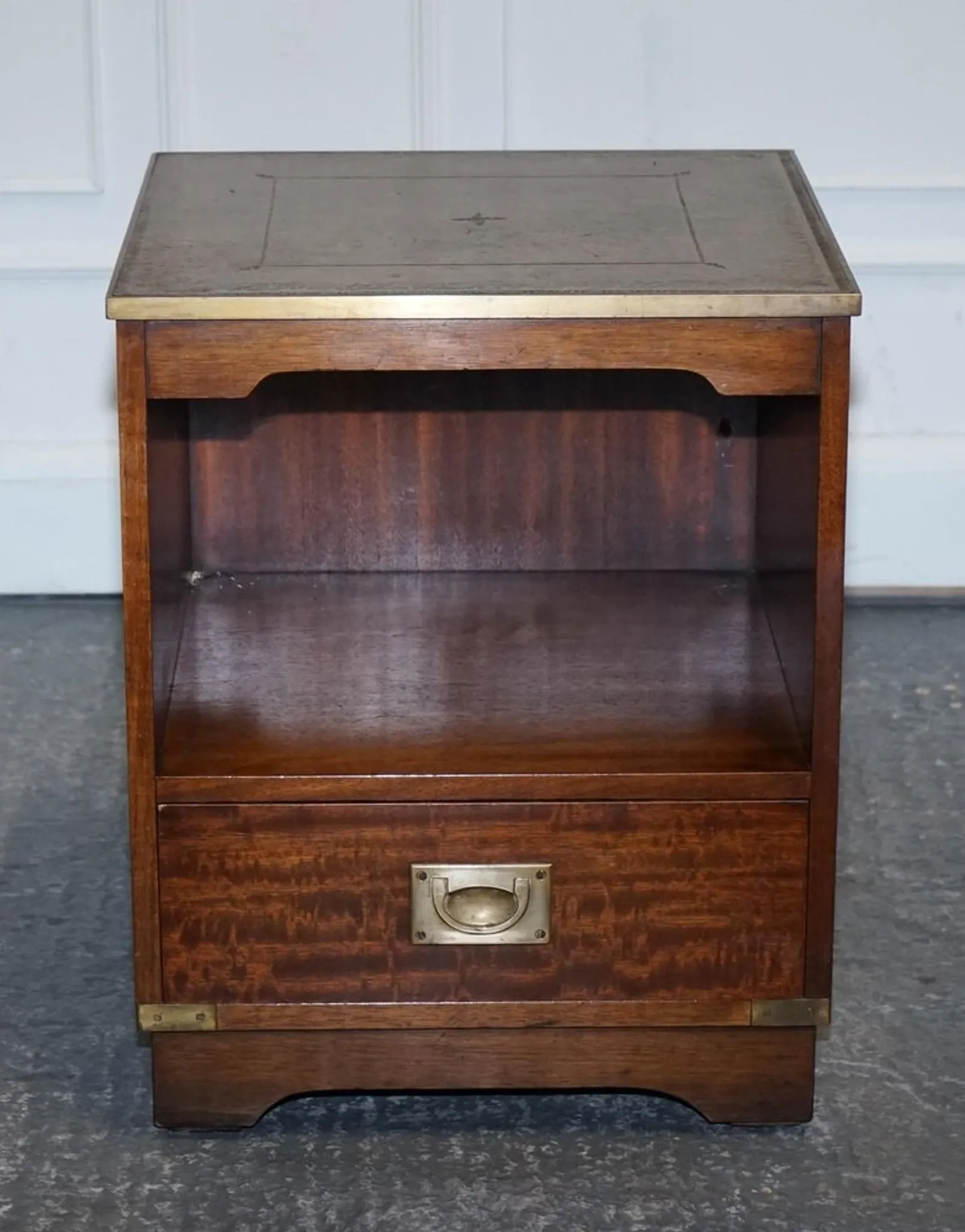 Vintage Bevan Funell Military Campaign Bedside Table with Leather Top