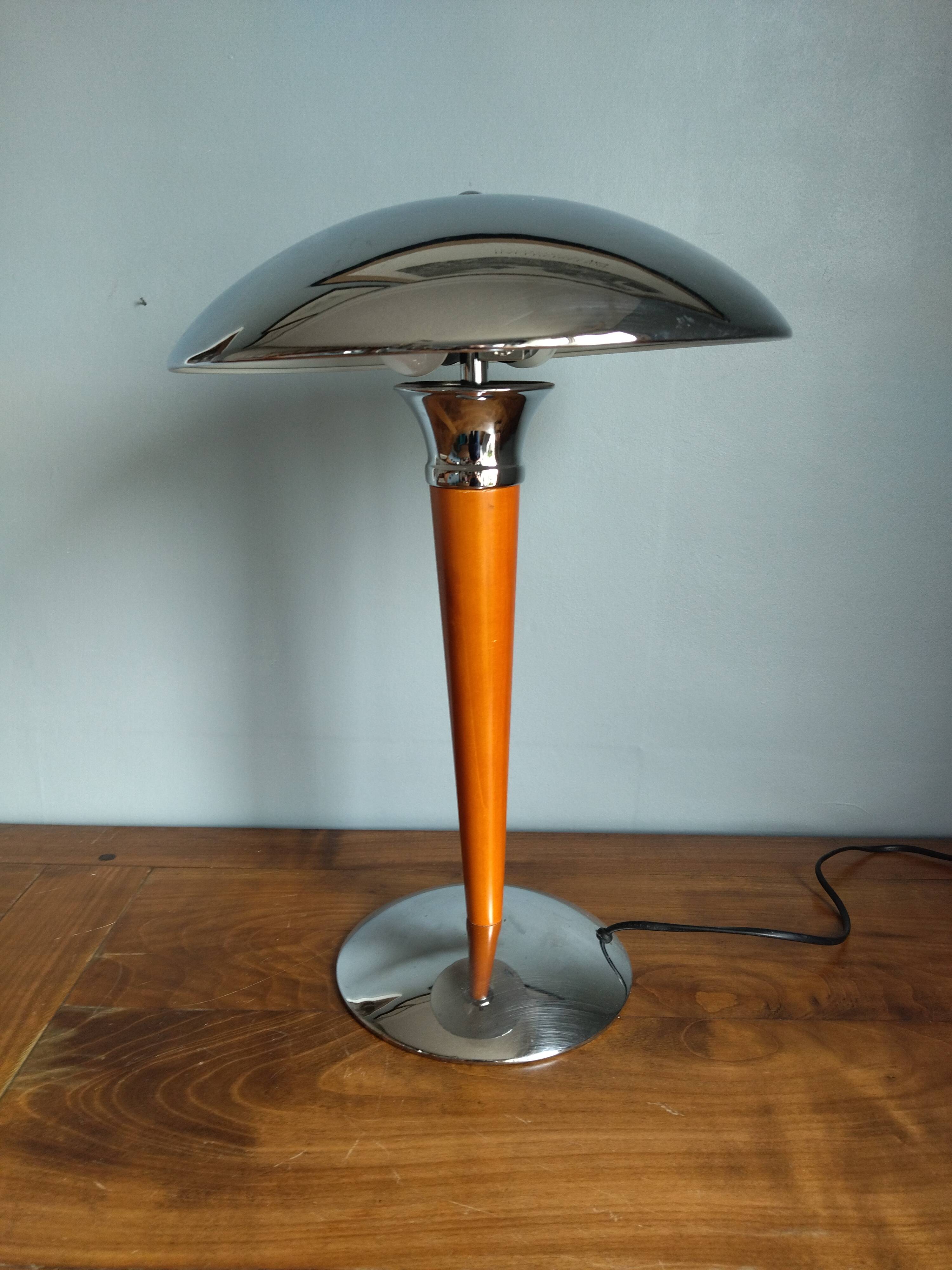 Mushroom lamp/ocean liner in chromed metal and vintage wood