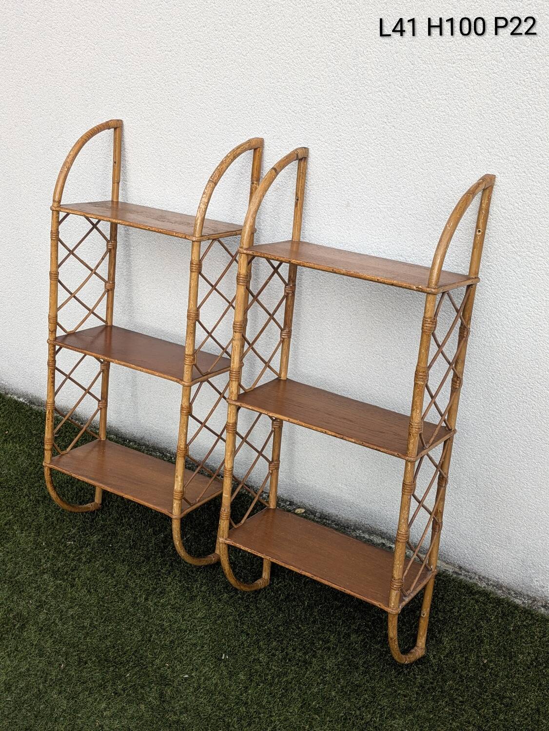 Pair of vintage bamboo and rattan wall shelves 1960