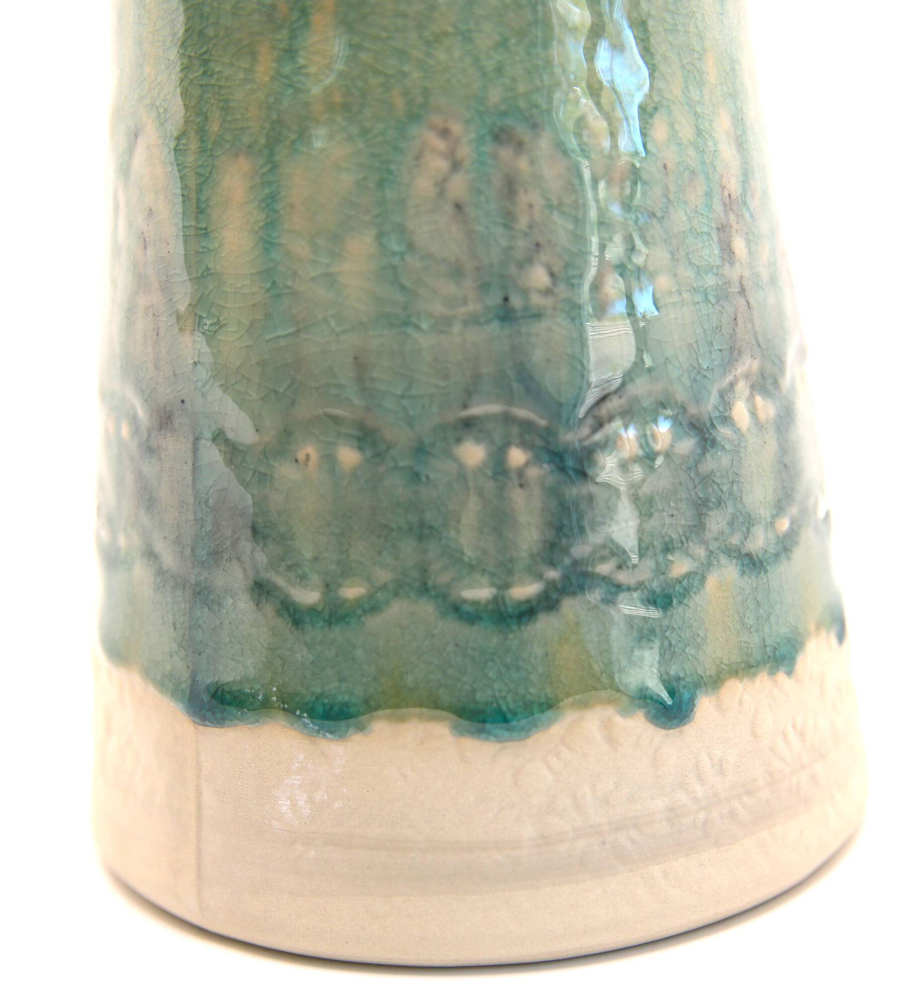 Handcrafted XL pitcher in mint green enameled stoneware