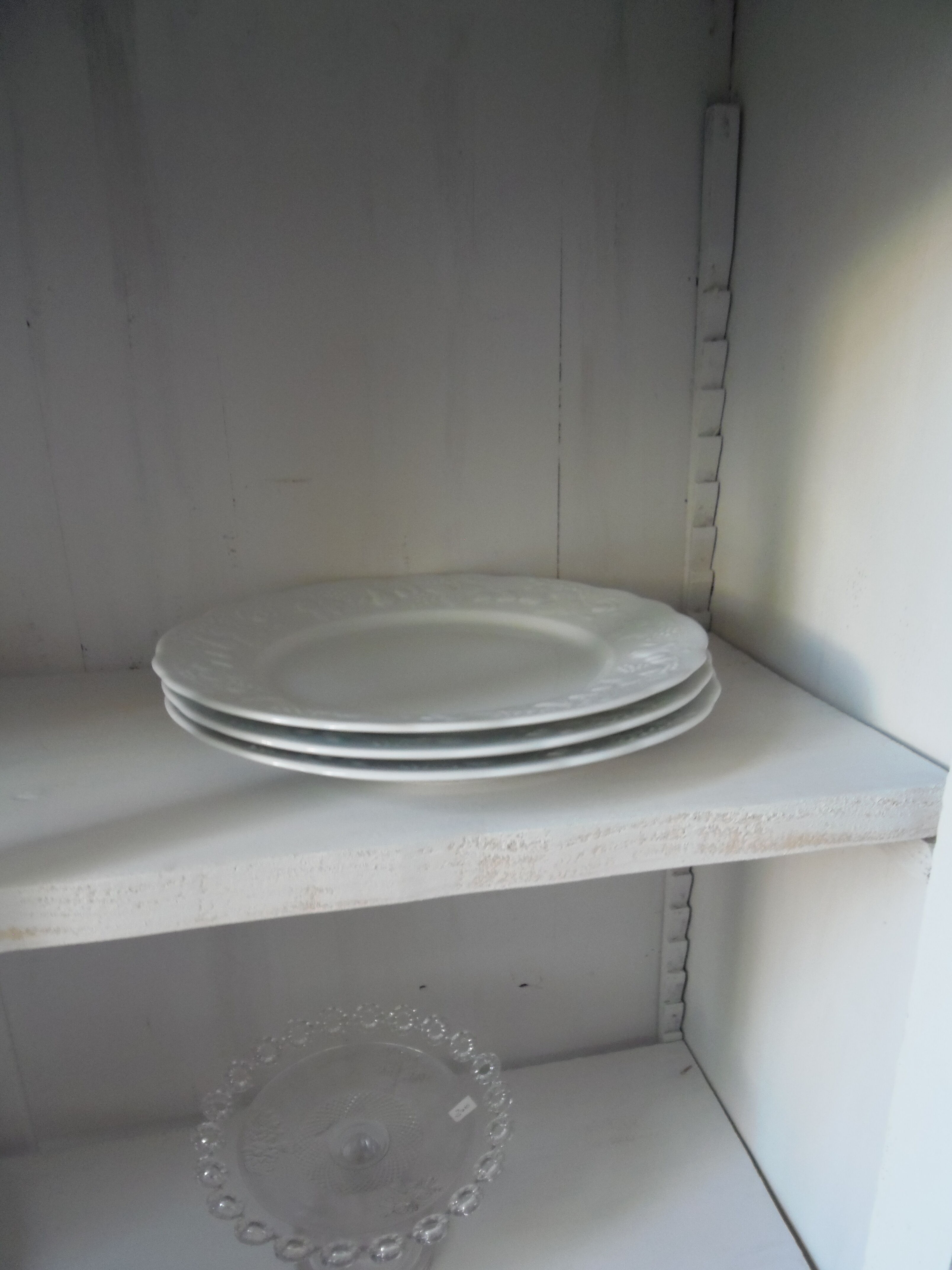 Showcase, bookcase, vintage pearl grey patinated cupboard, wooden top.