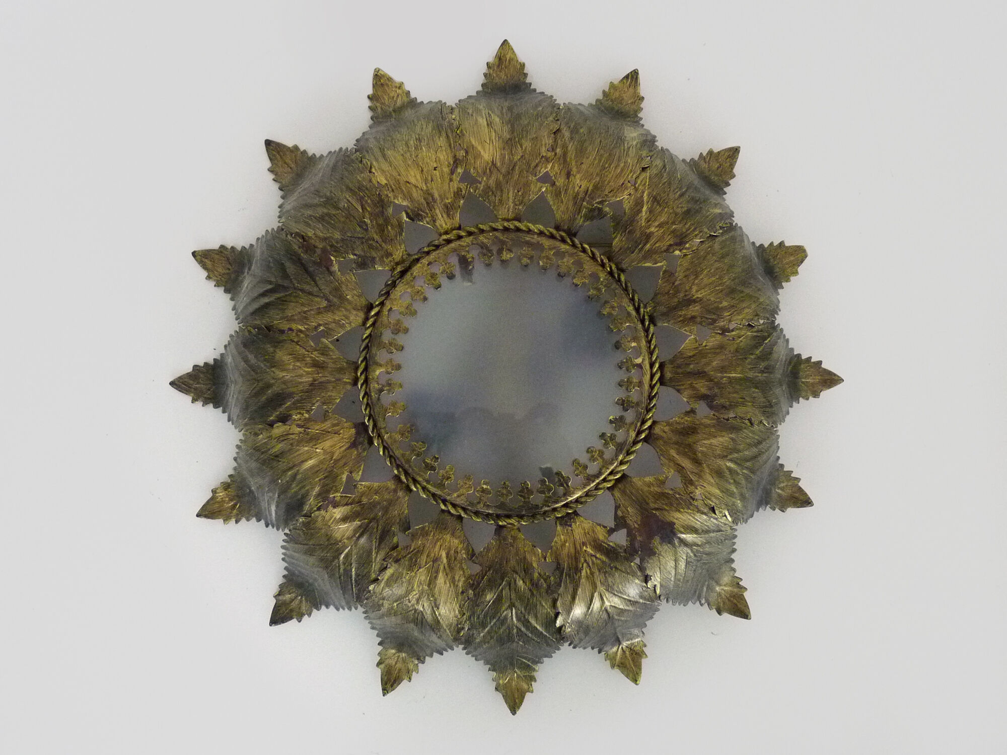 Sun ceiling lamp, double light gilded metal foliage, year 70