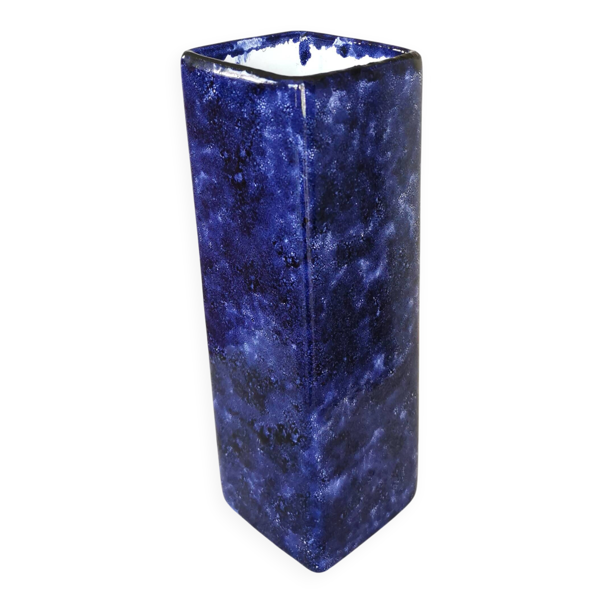 Vintage Blue Ceramic Vase: Hand-Painted Galaxy Glaze, 1970s Home Decor