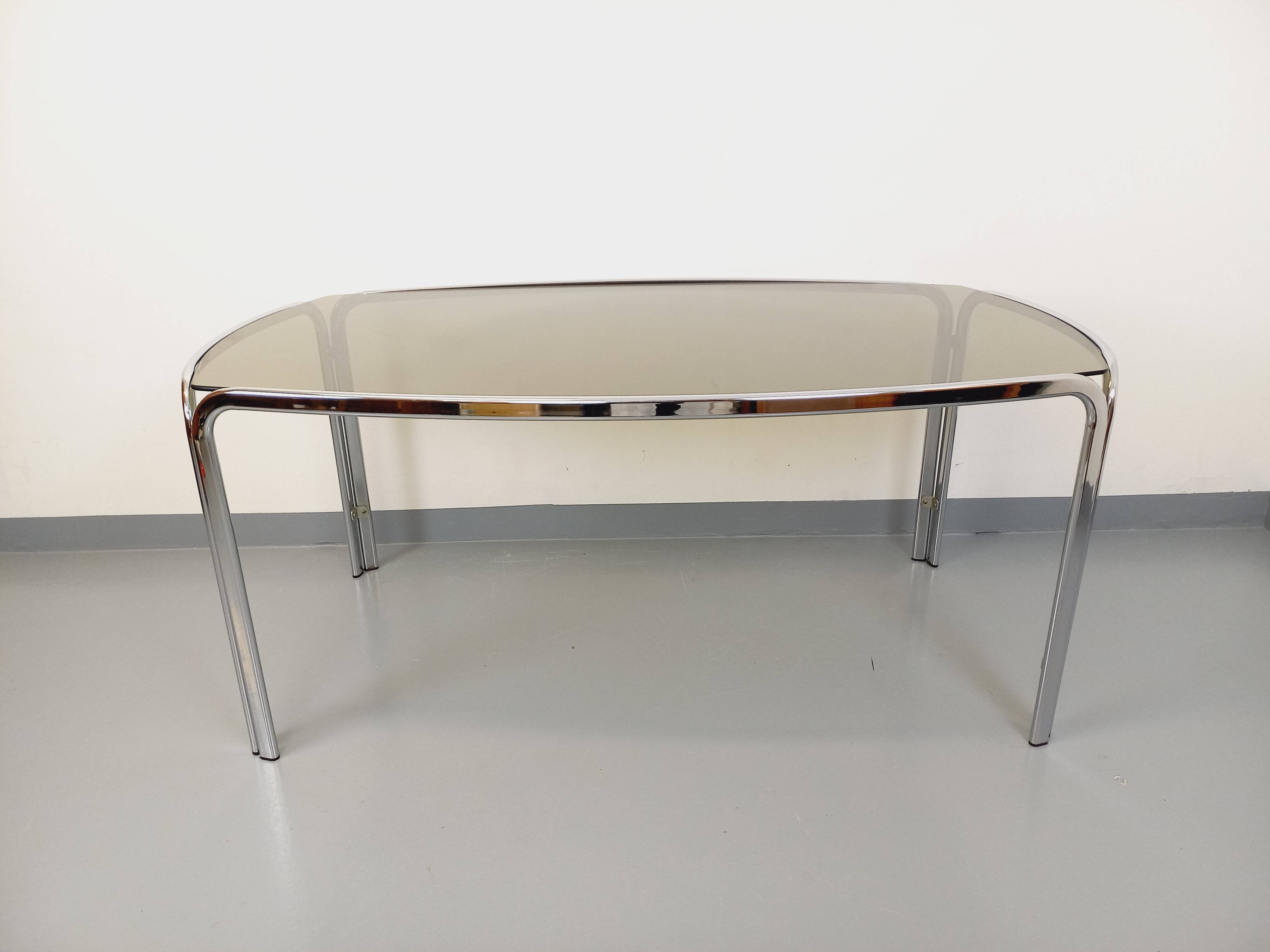 Vintage curved rectangular dining table in smoked glass and chrome metal