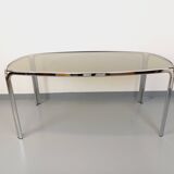 Vintage curved rectangular dining table in smoked glass and chrome metal
