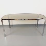 Vintage curved rectangular dining table in smoked glass and chrome metal