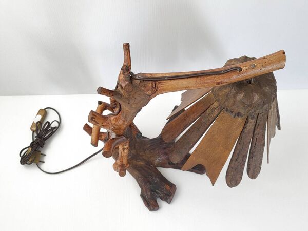 Lampe de table vintage 1970 brutaliste organique vegetale  bois sculpte 70s