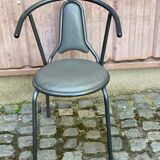 Vintage bistro chair in steel and grey leather from the 1980s.