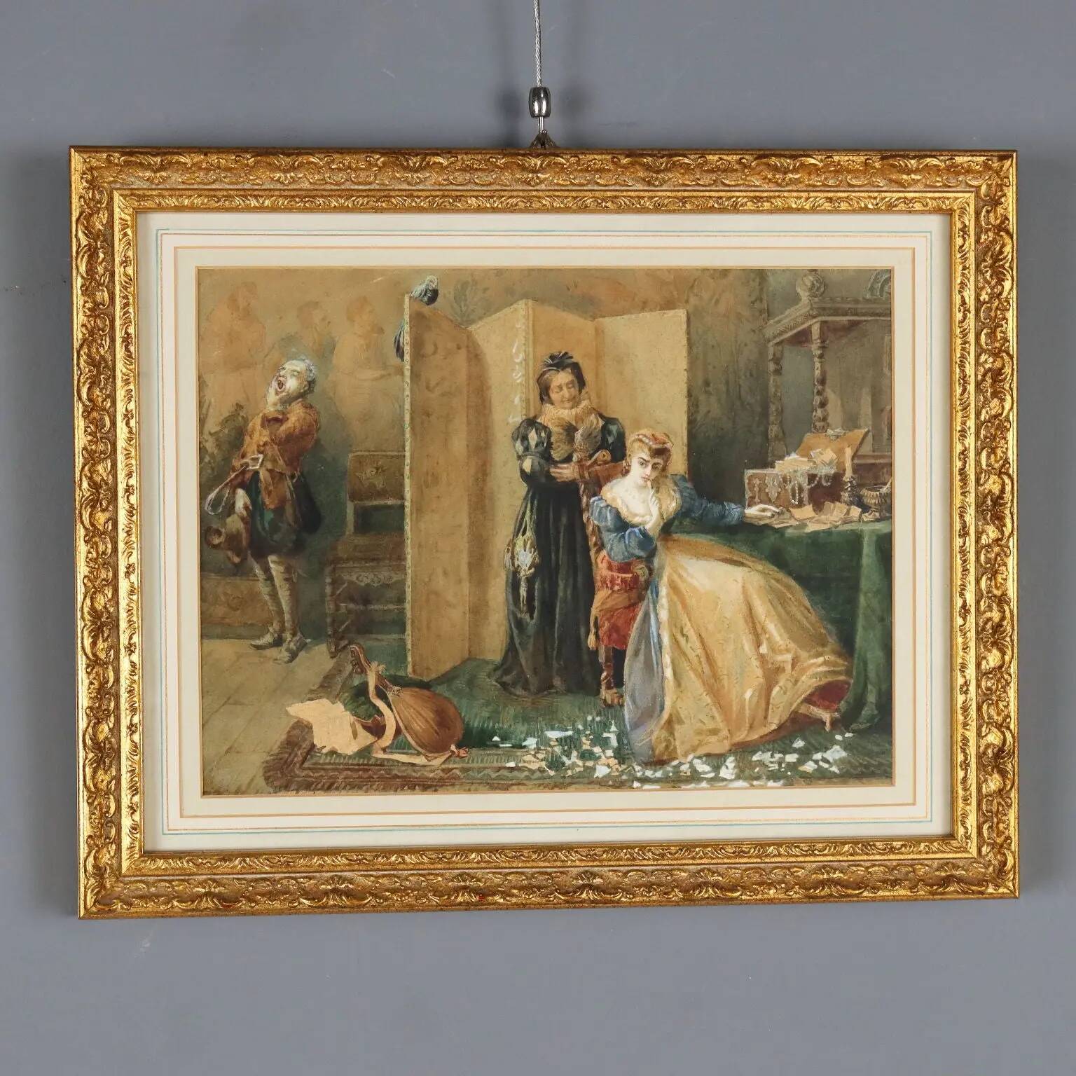 Old painting signed Pietro Michis, interior scene, 19th century.