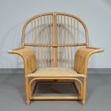 Chaise longue surdimensionnée en rotin/bambou avec coussins d'origine. Années 1970