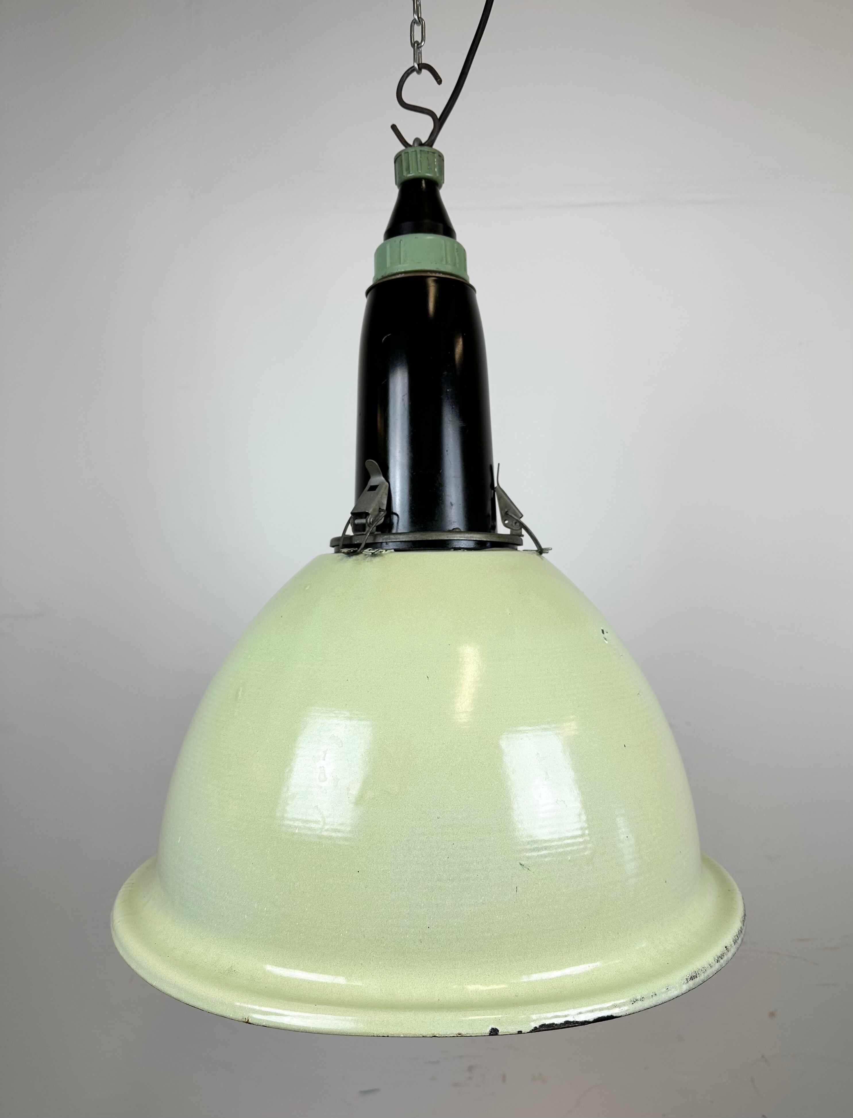 Industrial soviet light green enamel pendant lamp, 1960s