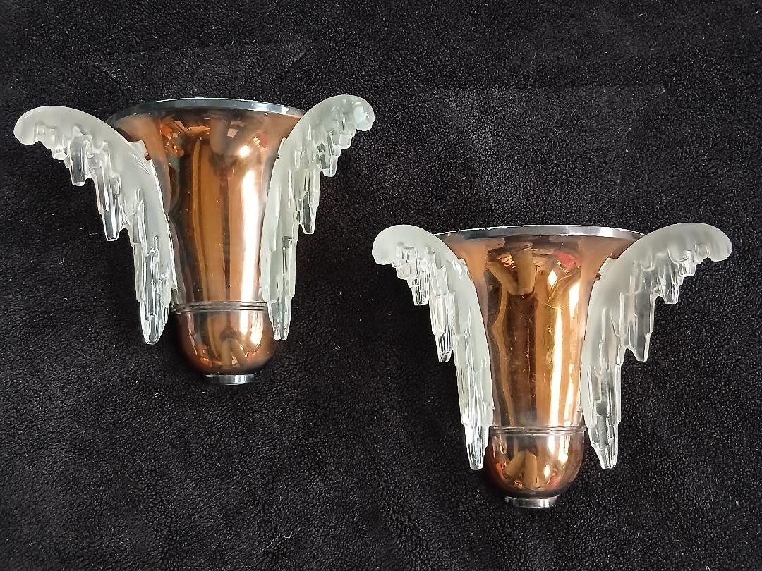 Exceptional pair of art deco wall lights by ezan france & copper metal