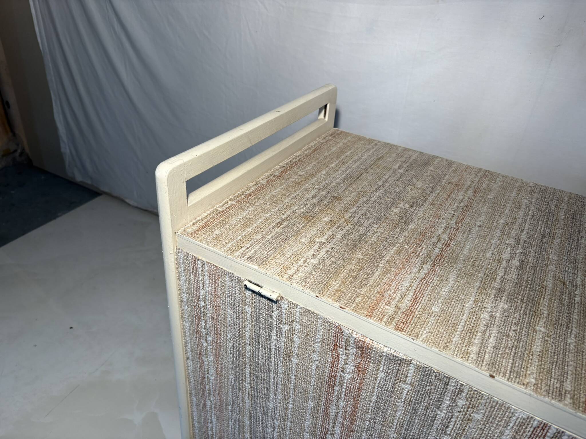 Vintage upholstered chest, white lacquered wooden structure, 1960s-70s